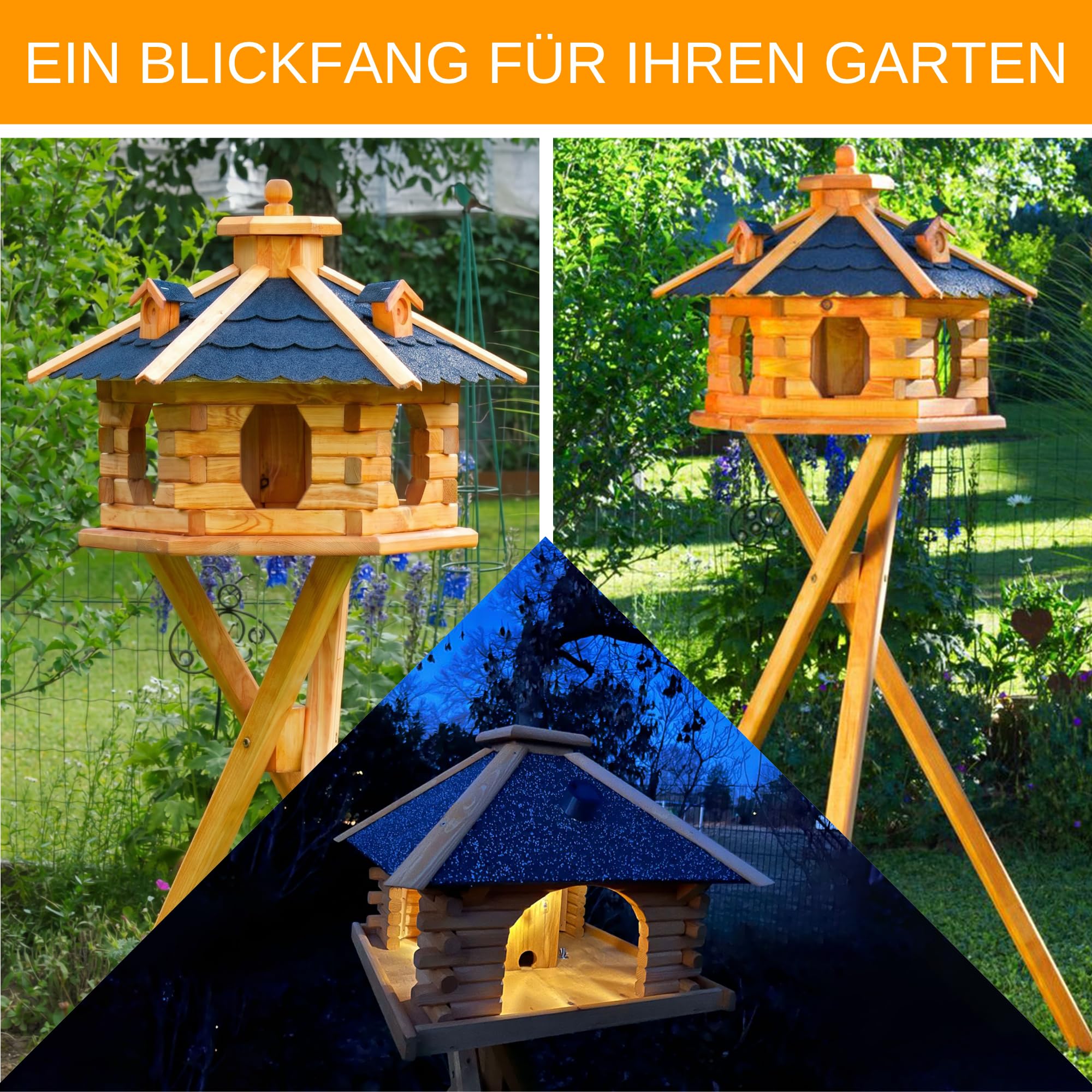 Deko-Shop-Hannusch Vogelhaus wahlweise mit Ständer und Solarbeleuchtung, Verschiedene Größen L - XXL, Futtersilo, wetterfestes Bitumendach (Größe Standard L, schwarz)
