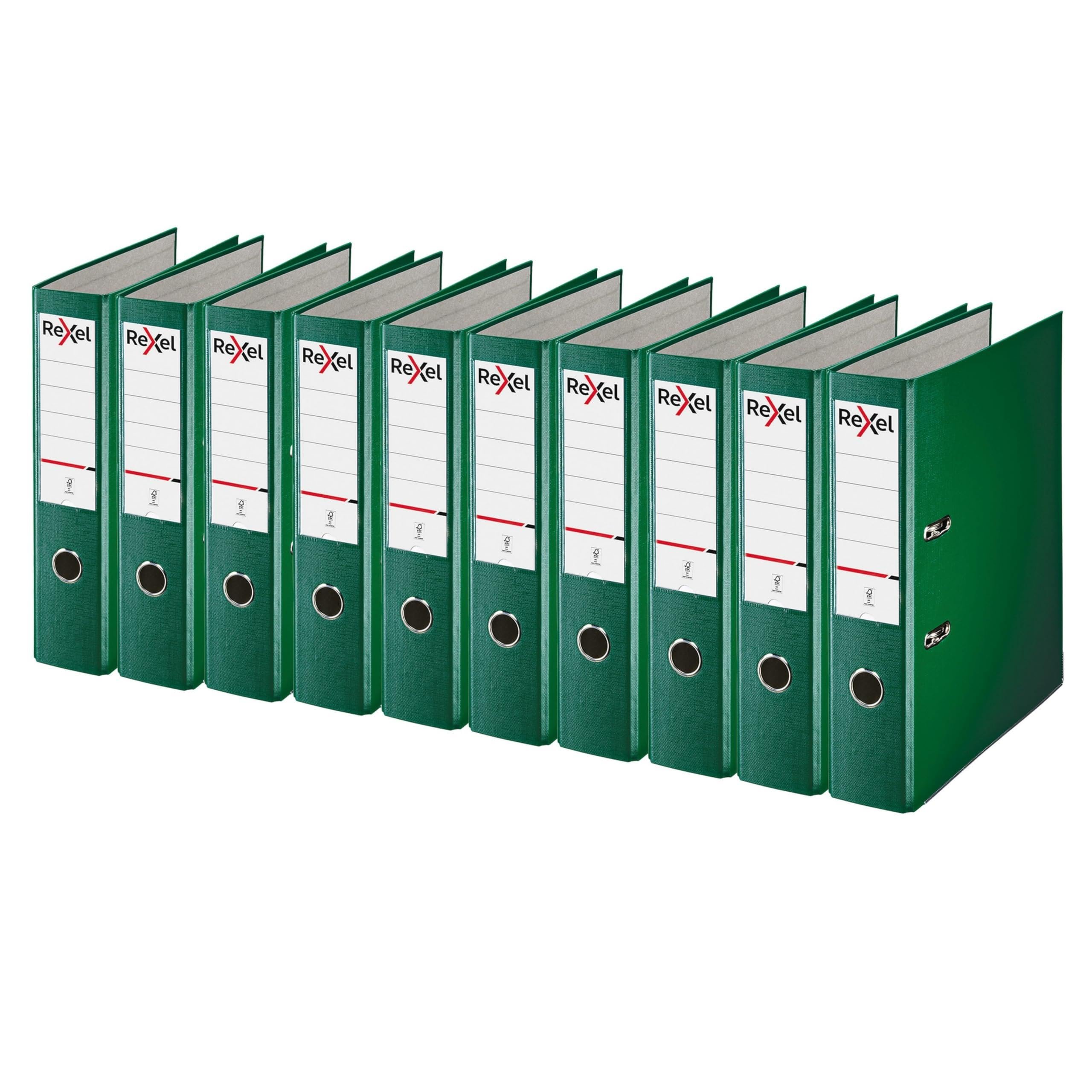Rexel A4 Lever Arch Files, Green Polypropylene Filing Folders, Durable PP ECO 75 mm Spine Holds Up to 500 Sheets, for A4 Document Storage and Everyday Filing, Pack of 10
