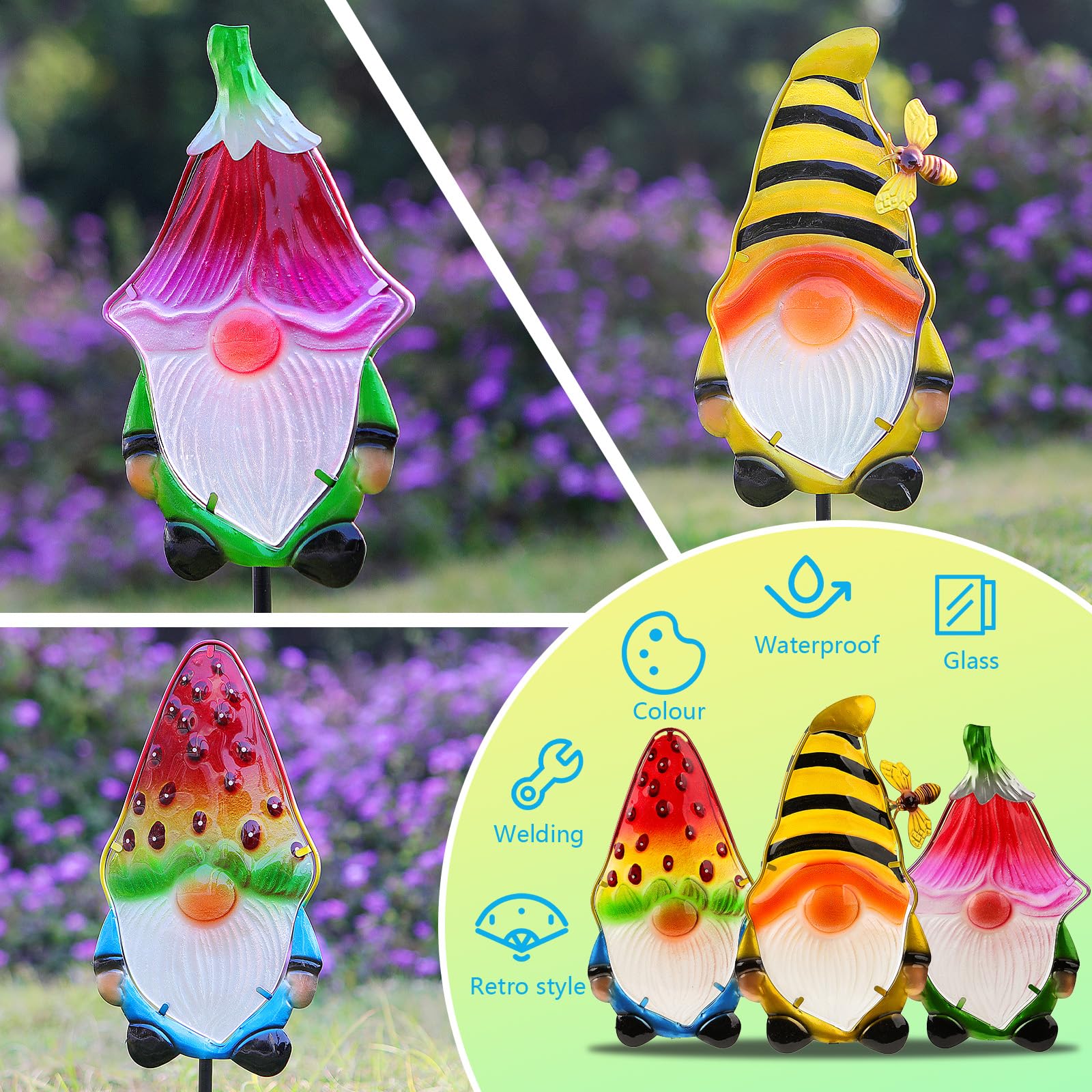 Gnome Garden Stake Set of 3 Metal Glass 18.3" Funny Outdoor Yard Lawn Decor view 5