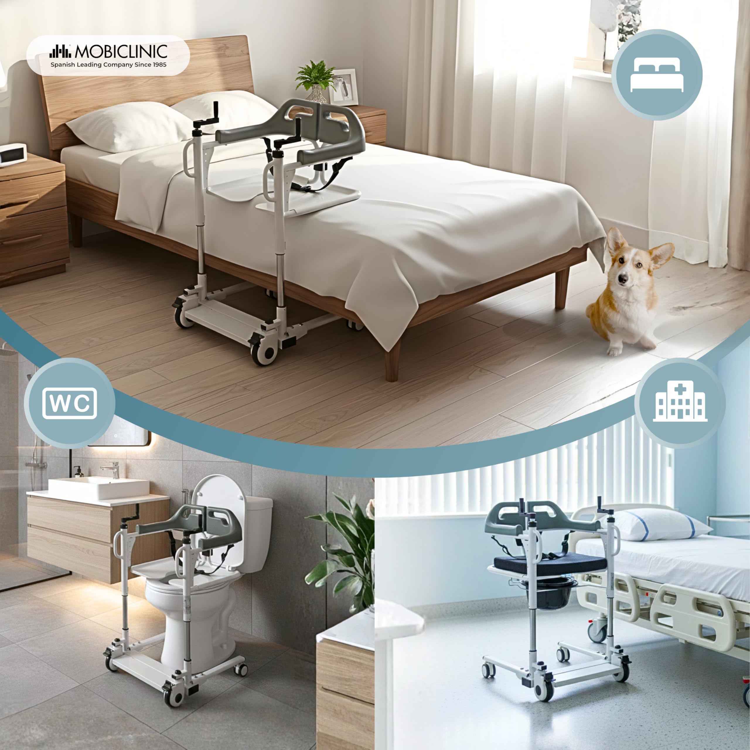 Mobiclinic®, Sedia di Trasferimento, Pappagallo Estraibile, Regolabile in Altezza, Doppio Sistema di Sicurezza, Apertura Laterale, Cuscino, Ruote con Freni, per Letto, Poltrona e WC, Acciaio, Willy