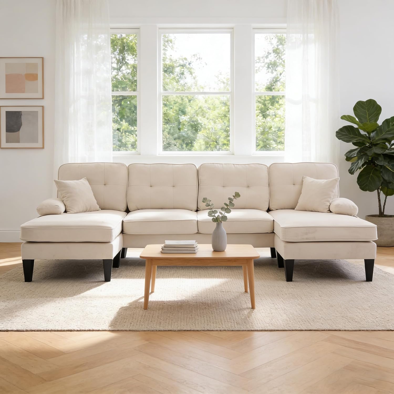 100'' U-Shaped Sectional Sofa with Double Chaise, Minimalist 4-Seater Couch with 2 Pillows, Sofa Set with Arm & 2 Side Pocket for Living Room, Apartment (Beige)