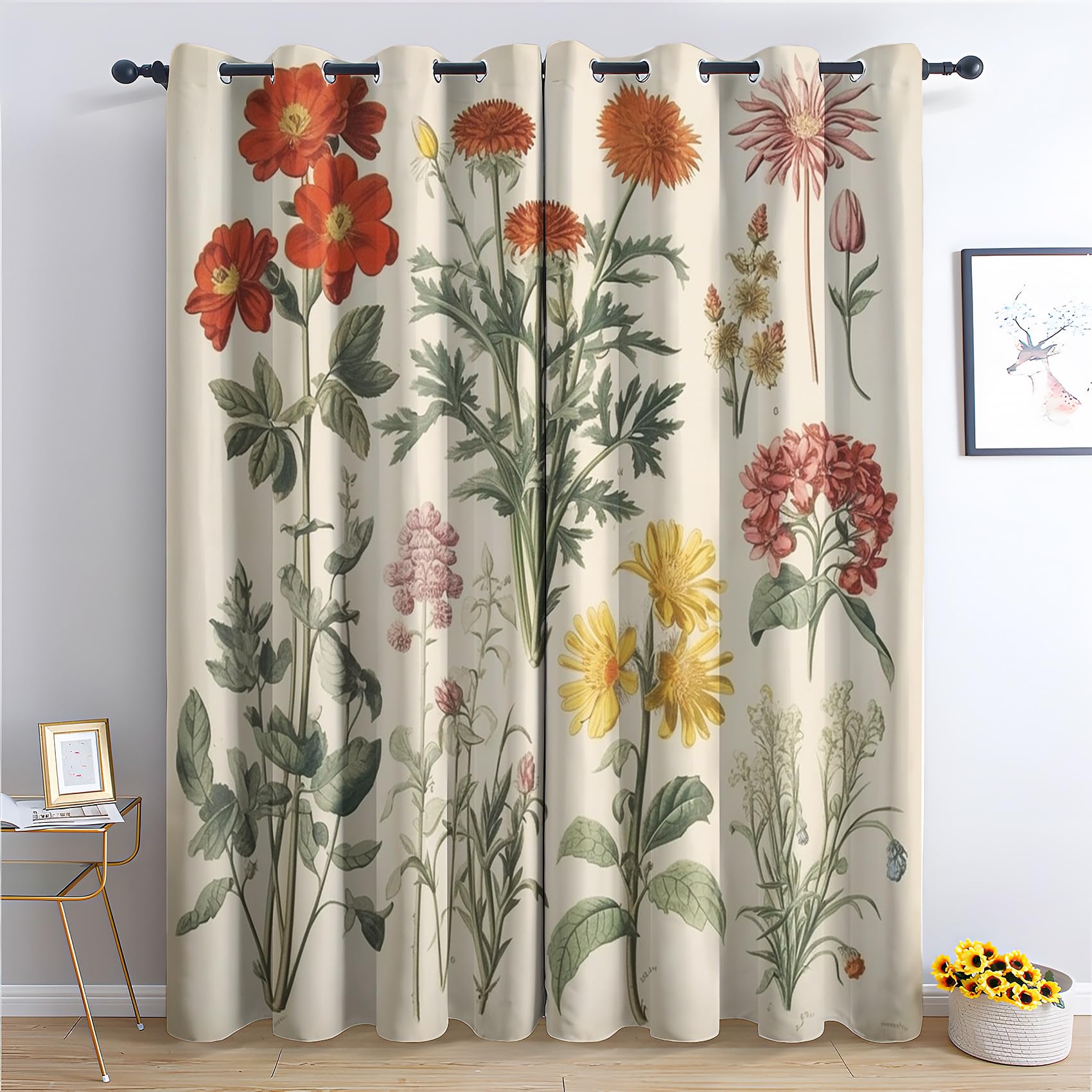 Rideau Occultant Fleurs, Rideau Isolant Thermique pour Salon Chambre, Rideaux Motif Plantes Floral, Rideau Opaque à Oeillets, Lot de 2 Rideaux et Draperies Intérieur 140x160cm LxH