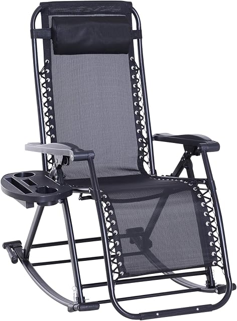 Outsunny Garden Rocking Chair Folding Recliner Outdoor Adjustable Sun Lounger Rocker Zero-Gravity Seat with Headrest Side Holder Patio Deck - Black