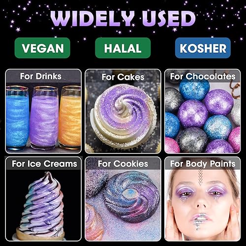 Miniatura 2 de NiHome Polvo comestible con purpurina de grado alimenticio Glimmer Luster Dust metálico para decoración de alimentos, polvo brillante para bebidas,