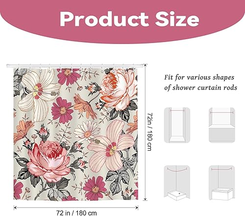 Miniatura 3 de Cortina de ducha bohemia con diseño retro floral de tela impermeable para decoración de baño, 72 x 72 pulgadas
