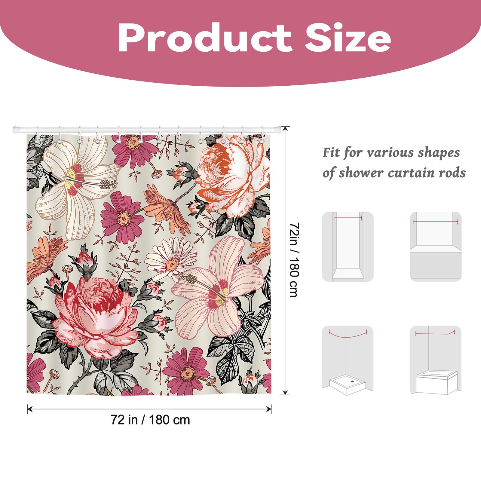 BREASOME Rose Floral Shower Curtain 180 x 180 cm for Bathroom Decor Mould Proof Waterproof Polyester Fabric Bath Curtain with 12 Hooks - Image 2