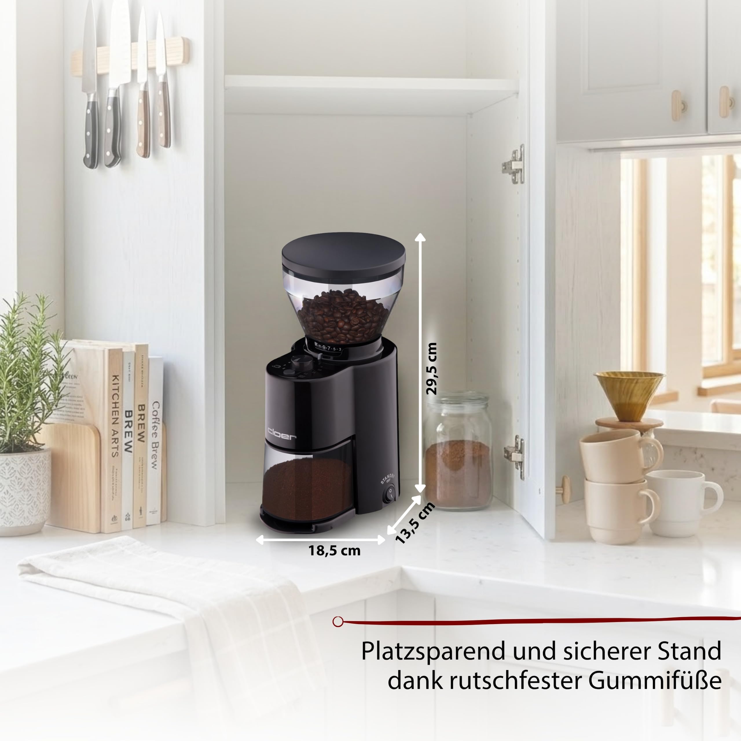 Cloer 7520 Elektrische Kaffeemühle mit Kegelmahlwerk aus Edelstahl, 2-12 Tassen, 300 g Kaffeebohnen, verstellbarer Mahlgrad, schwarz, 150W