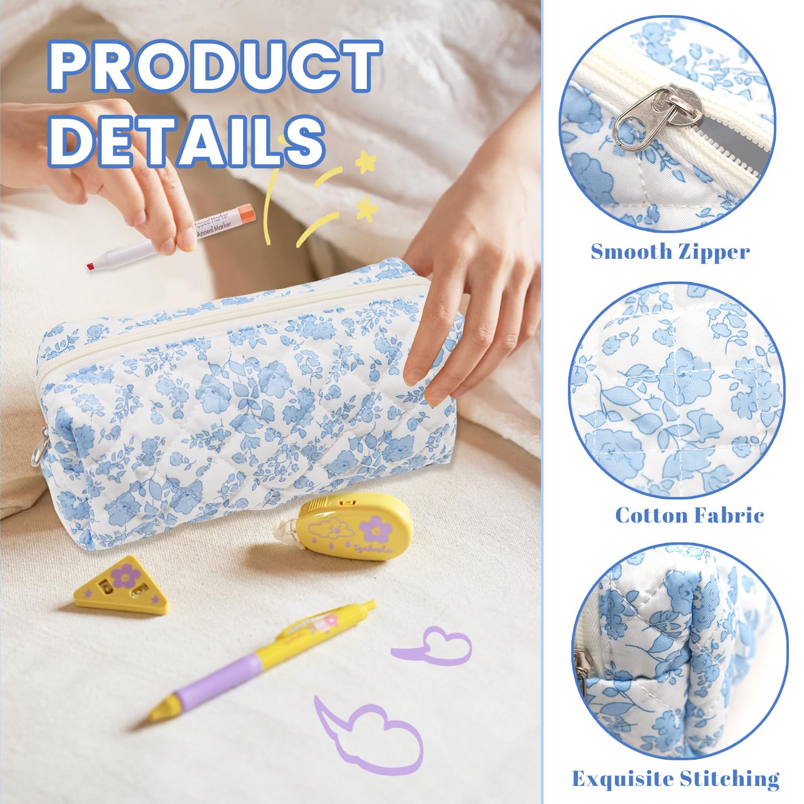 LJCZKA Floral Pencil Case for Girls Women Small Flower Pencil Pouch, Cotton Quilted Makeup Bags for School College Travel - Image 3