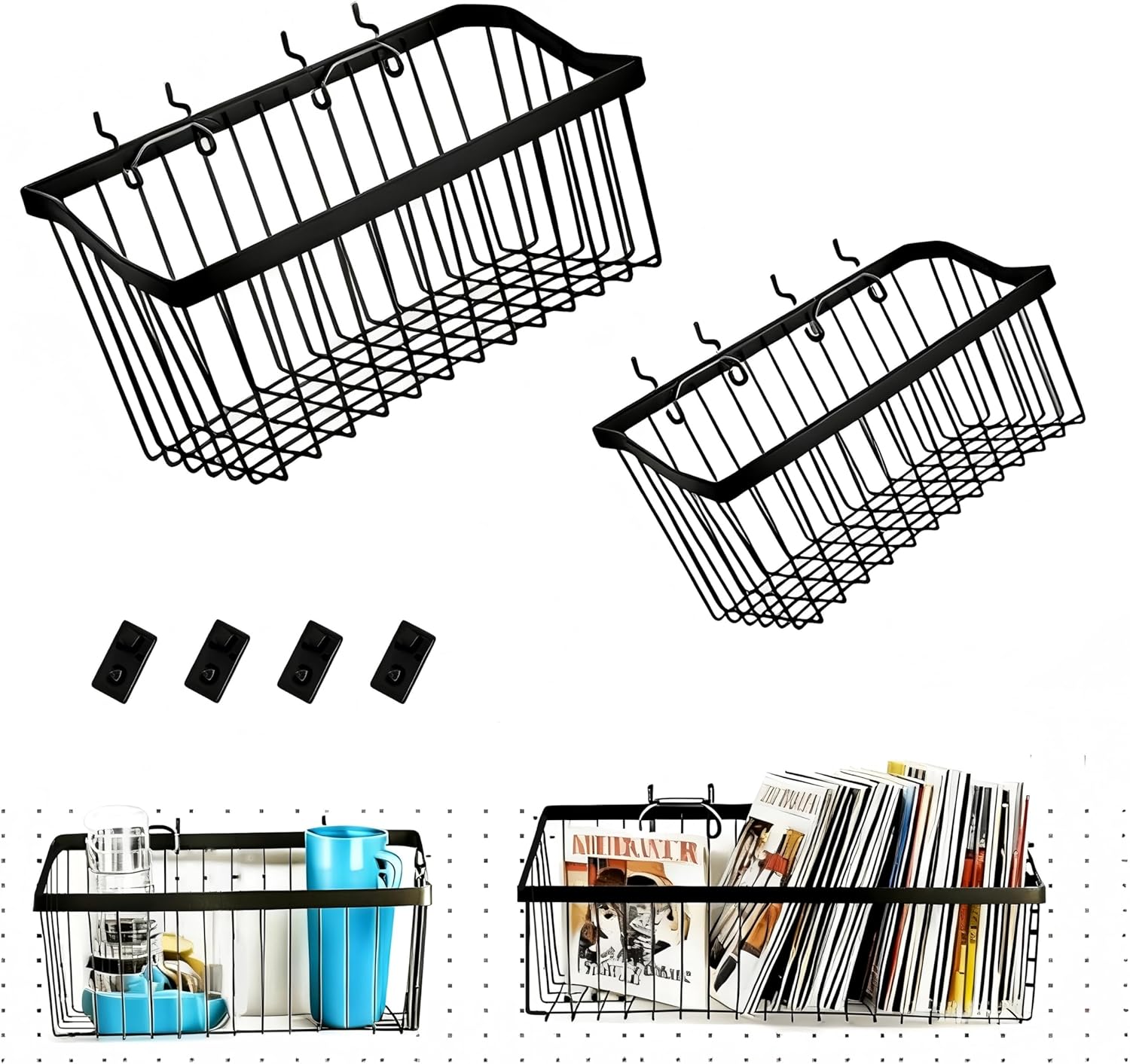 2 Pcs Pegboard Baskets Set with 4 Hooks, Metal Wire Wall Mount Shelves & Organizer for Garage Workbench Accessories, Black