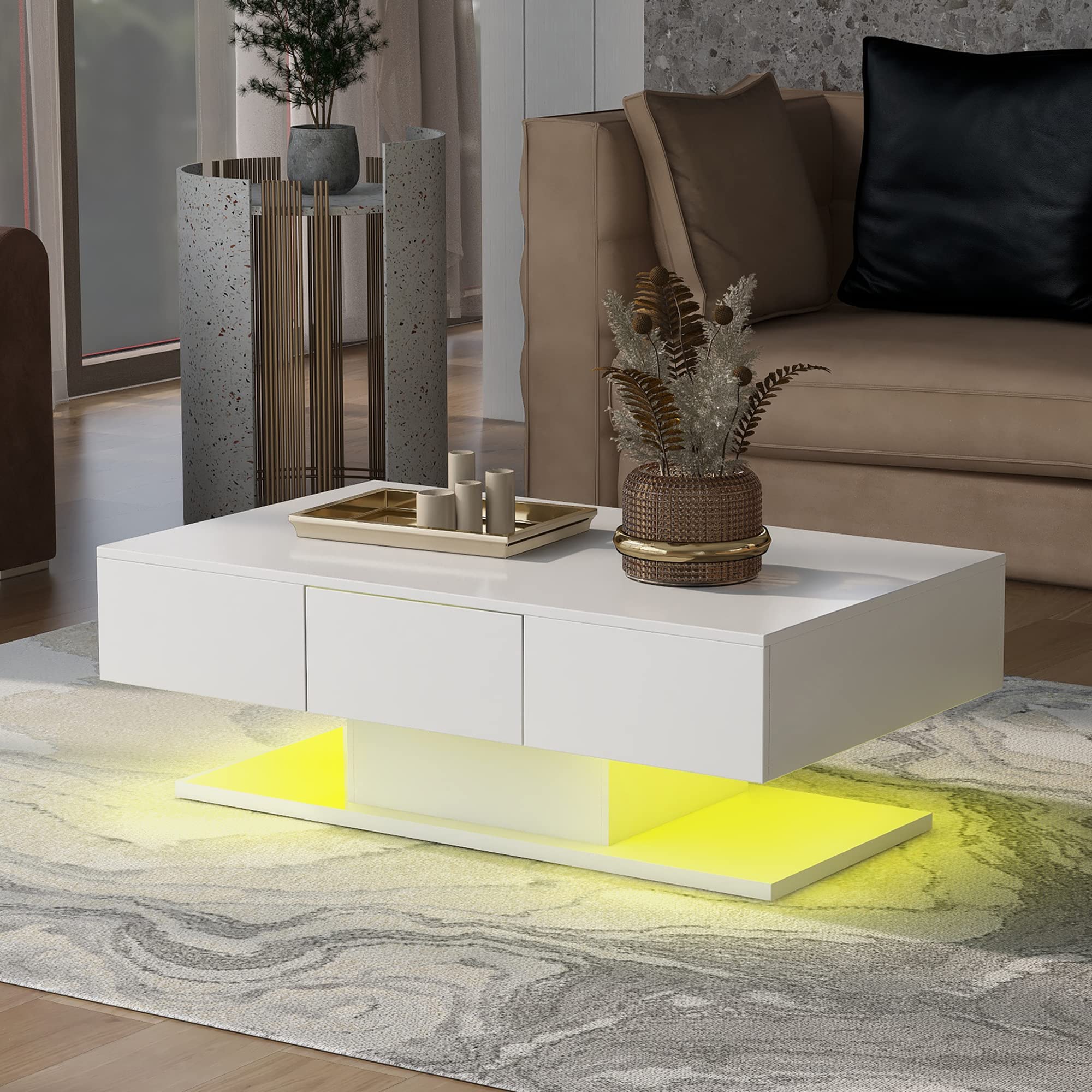 Salontafel, Moderne Hoogglans Woonkamer Tafel, 15 Kleuren voor Theetafel, Rechthoekige Witte Woonkamertafel met Ledlicht, Huishoudelijke Decoratie Tafel (95 x 55 x 32 cm