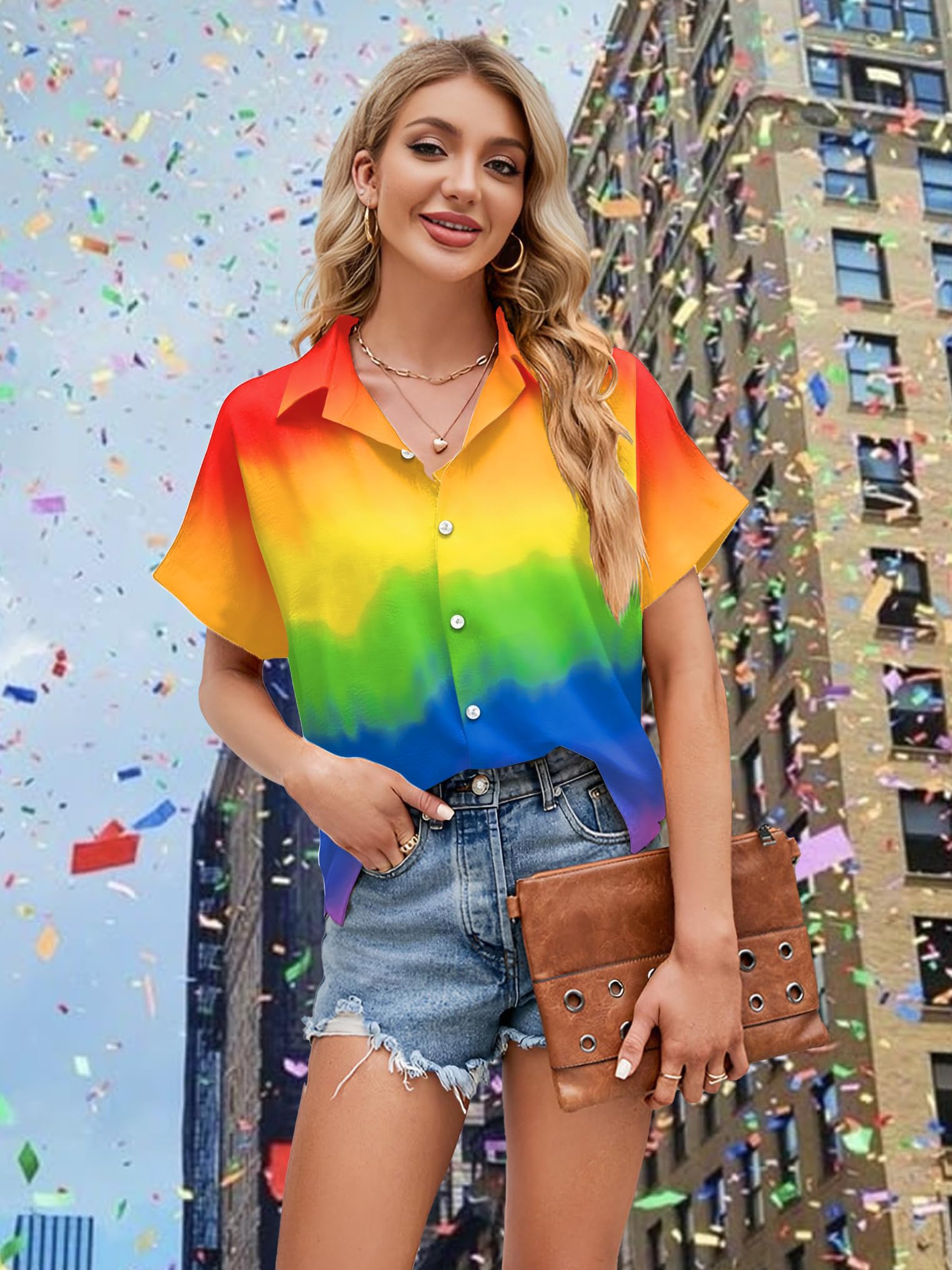 tiorhooe Maglietta da donna con stampa arcobaleno e cuore, stile casual, con bottoni