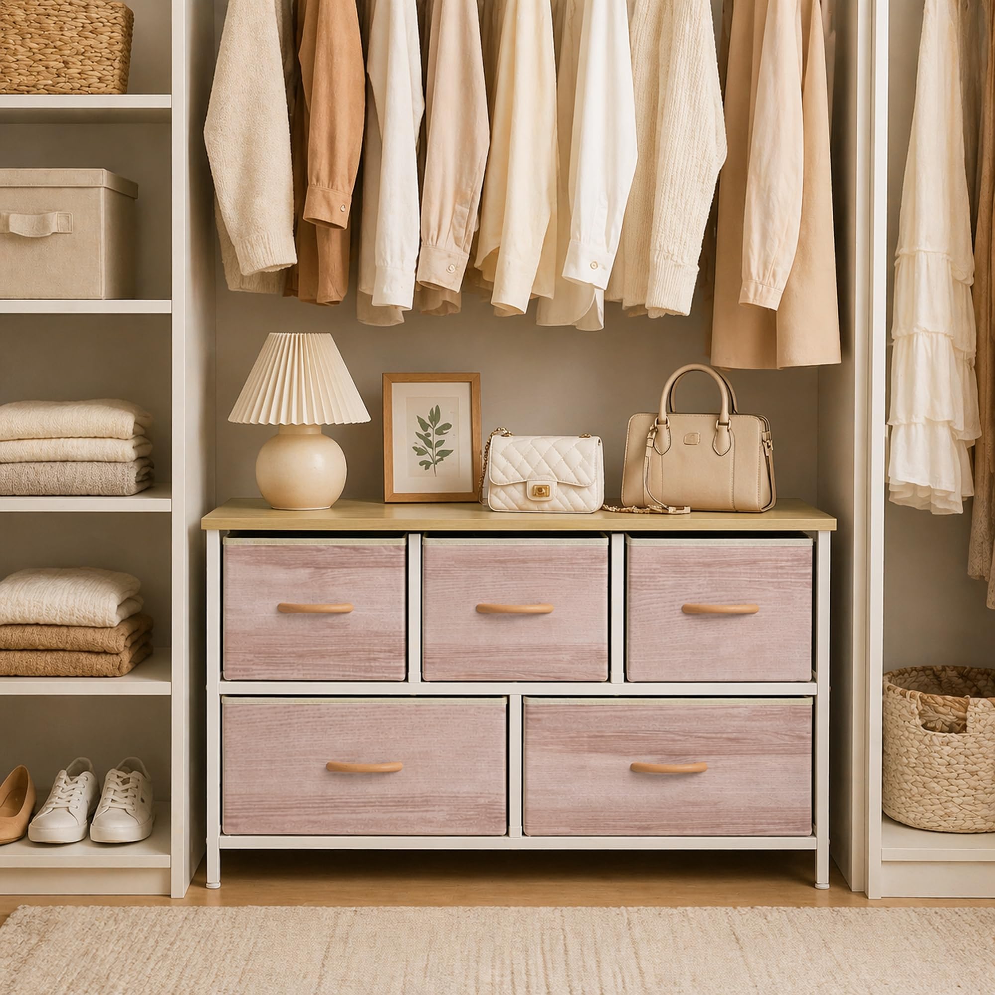 HOMCOM Cómoda con 5 Cajones de Tela para Dormitorio Salón Natural y Blanco