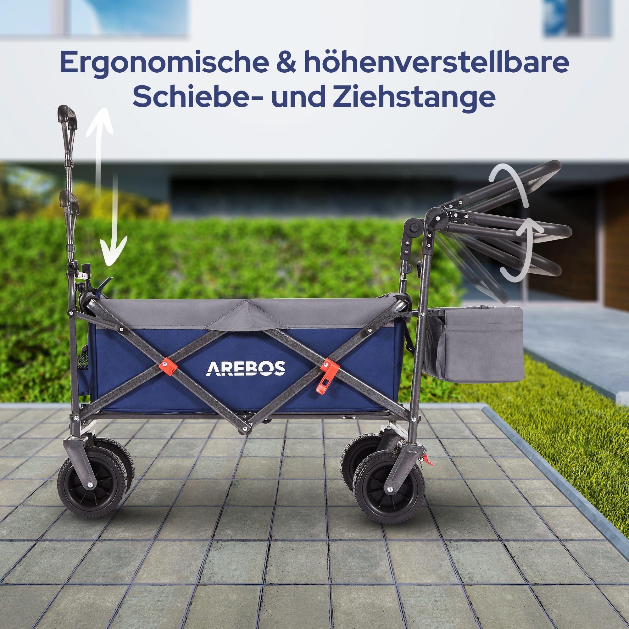 Arebos Bollerwagen faltbar mit Dach | Luxus Handwagen | Faltwagen | Transportwagen | XXL Tasche | klappbar | bis 100 kg | Gerätewagen | 360° Vorderräder | Blau