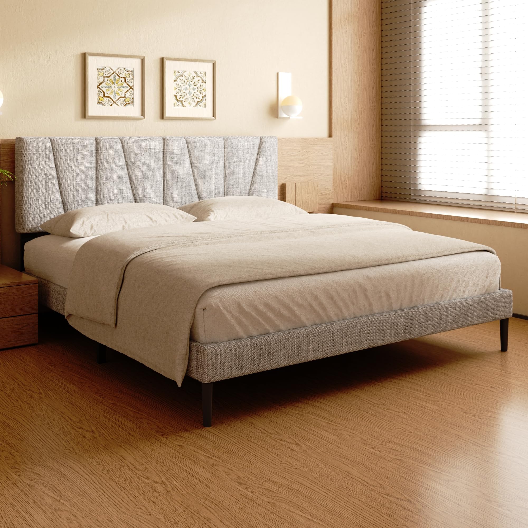 king size bed frame, linen upholstered platform bed with headboard, strong wooden slats support, noise-free mattress foundation, no box spring needed, easy assembly, light grey
