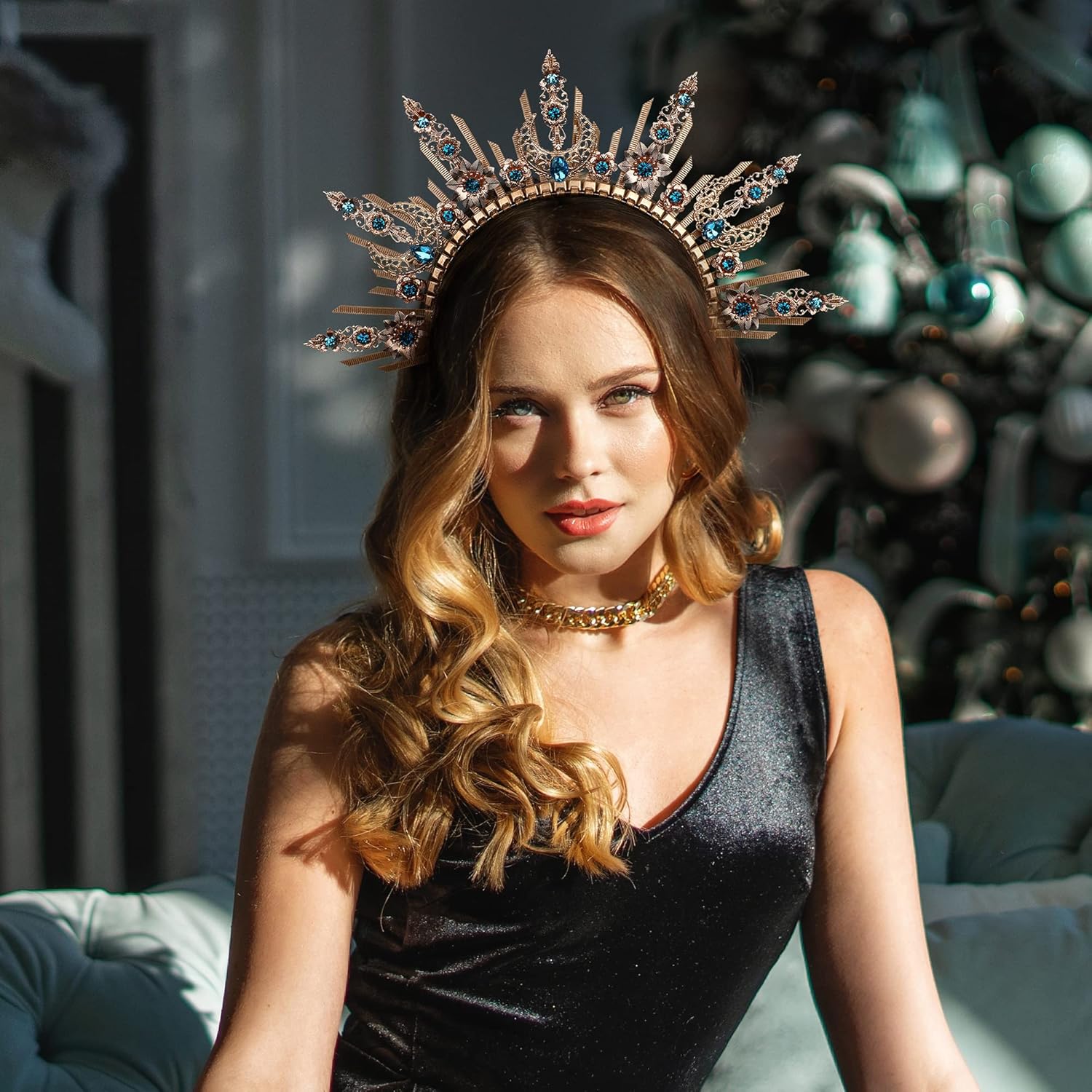 Renfaire Halo Crown Headpiece - Moon Goddess Sunburst Headband Fantay Gold Headpiece Boho Wedding Photo Shoot Cosplay Party Renaissance Halloween Costume Blue Rhinestones - Image 3