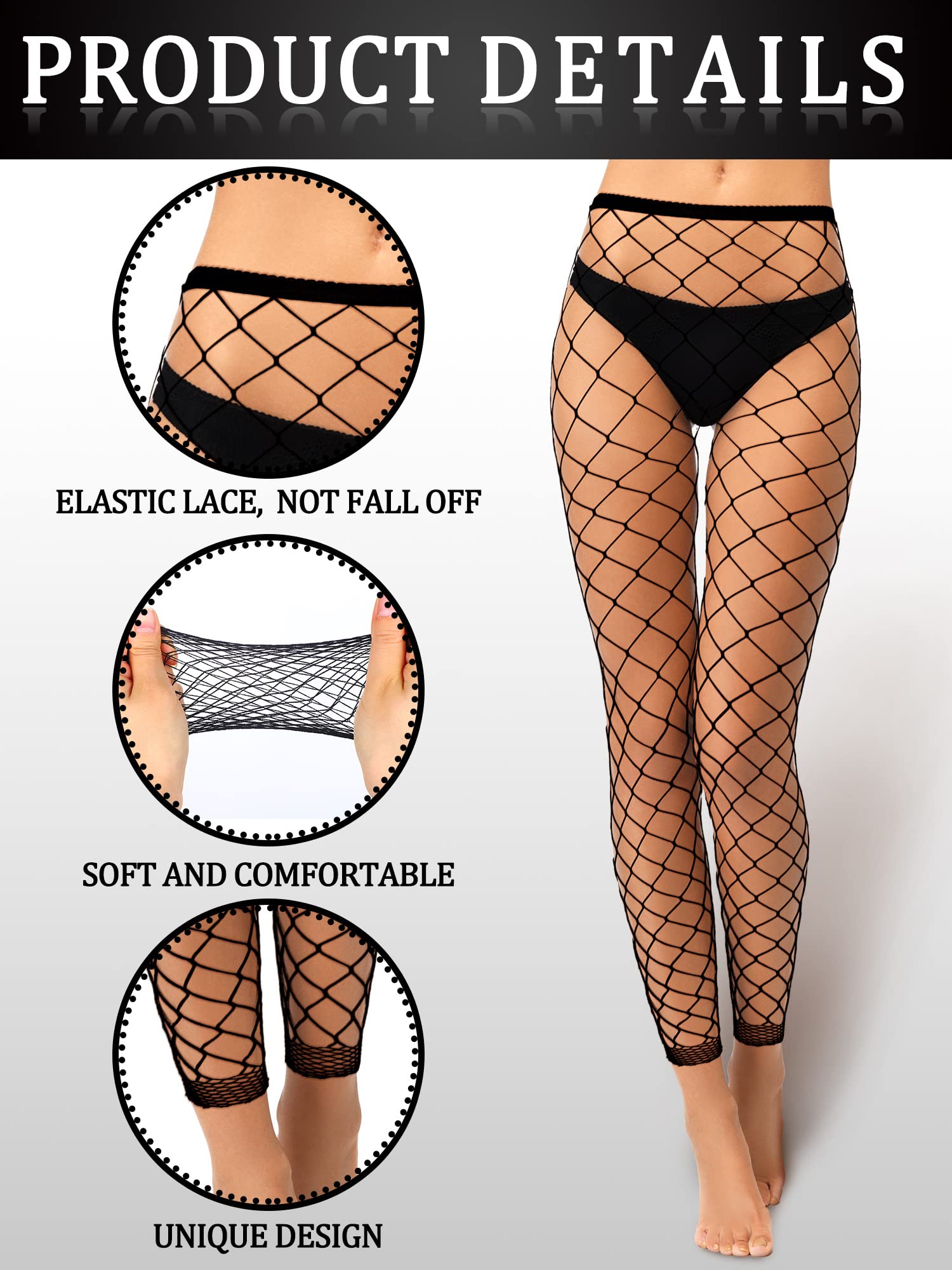 Jadive 3 Collants en Résille sans Pied Noirs Gothiques Leggings en Filet de Taille Haute sans Orteils