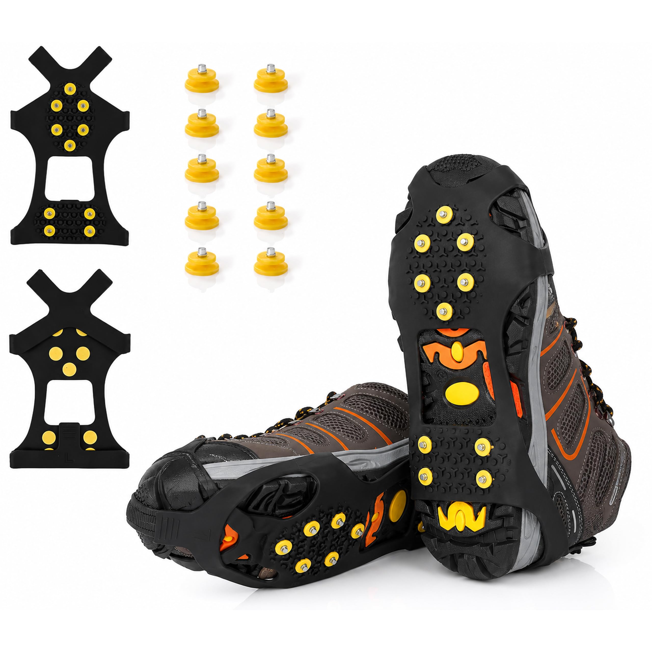Gehior Ice Cleats for Shoes and Boots, 10-Stud Ice Grips and Traction Cleats, Anti-Slip Snow Grippers, Stretch-Fit Crampons with 10 Replacement Studs (S)