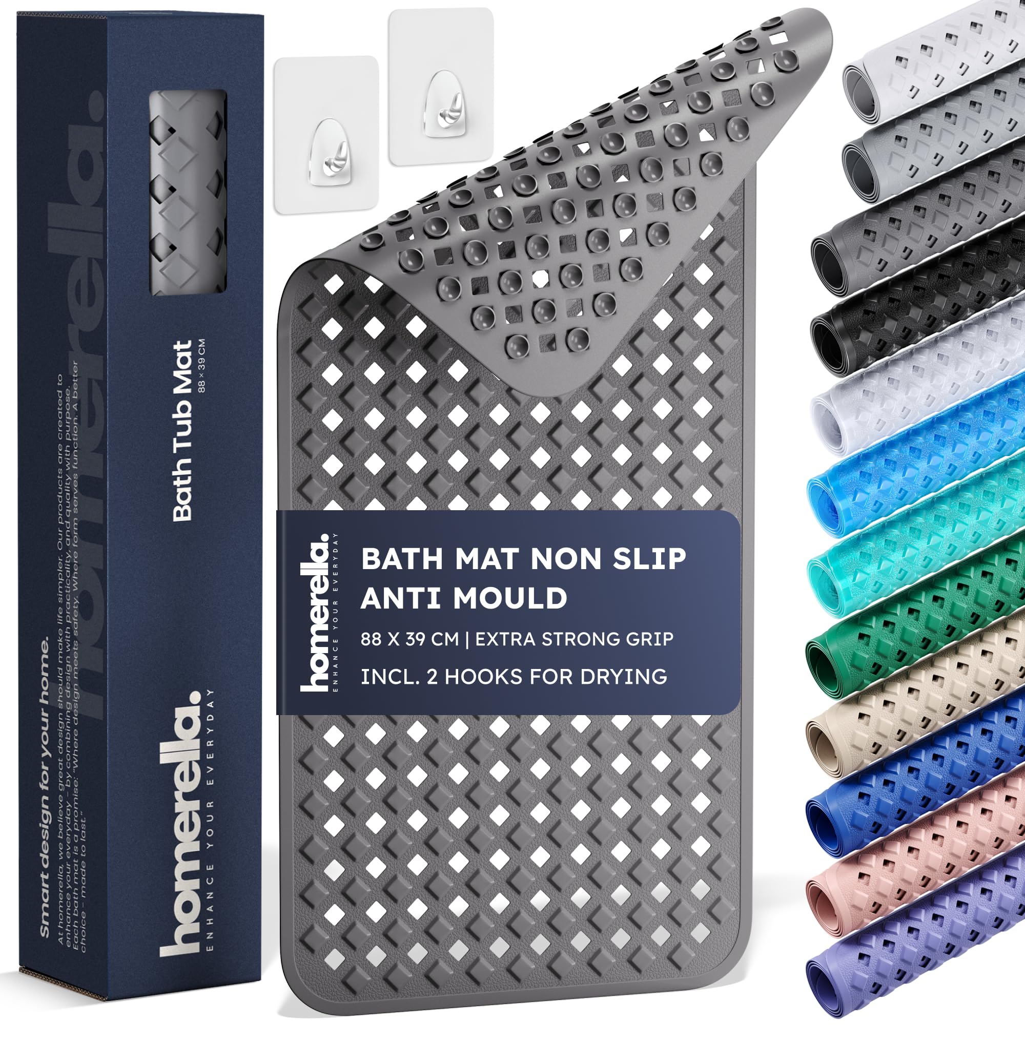 Homerella Girls Dark Grey Bathtub Mat Non Slip Anti Mould 88X39cm - Homerella® Shower Mat Machine Washable & Bpa Free, Shower Mat Non Slip Anti Mould, Anti Slip Bath Mat, Shower Mats For Inside Shower And Tub