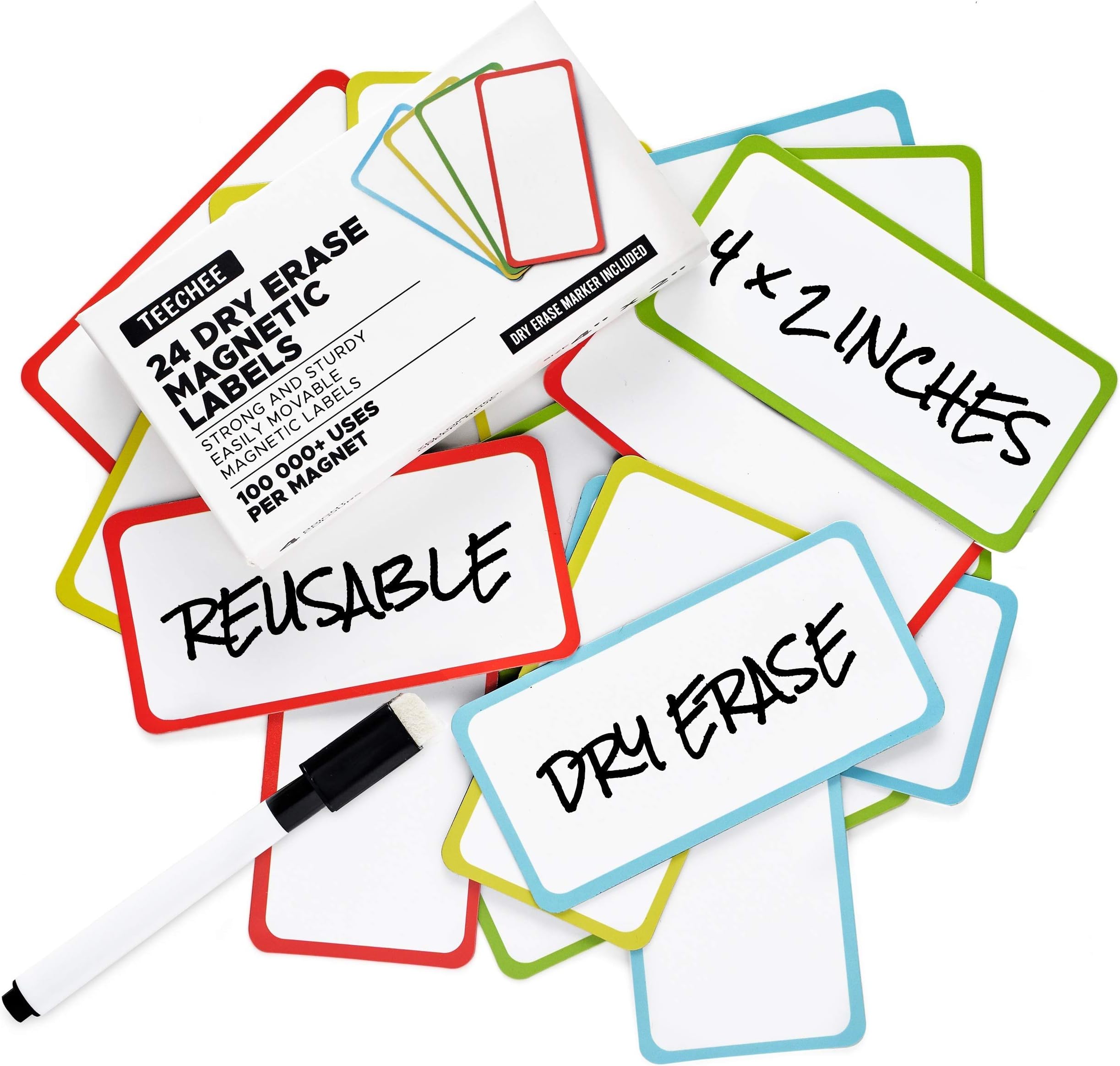 24 Dry Erase Magnetic Labels - All-Purpose Magnet Strips for Whiteboards, Classroom & Refrigerators - Erasable, Durable & Strong Write On Plates - 4x2 Inches White Board Tags - Marker Included