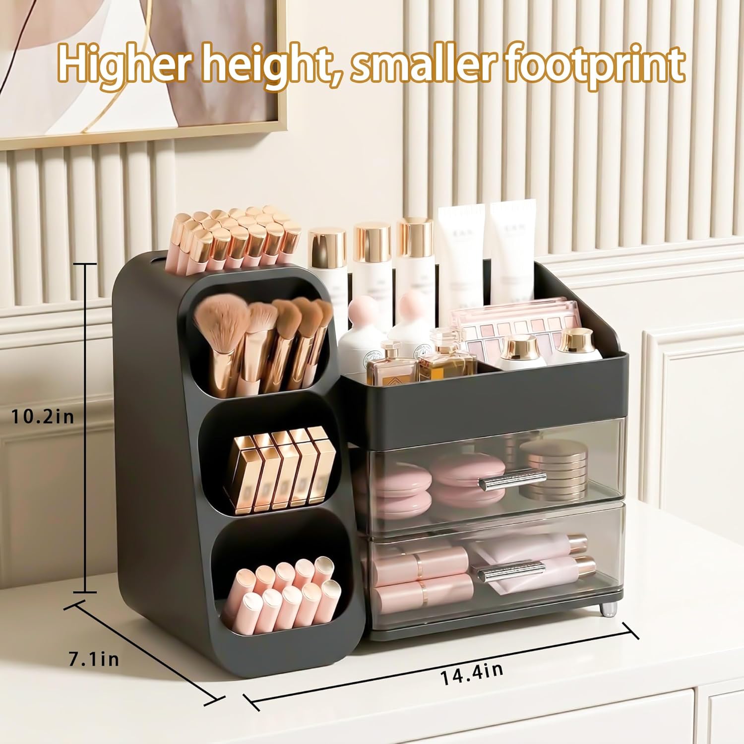 Large Capacity Makeup Organizer Countertop with Makeup Brush Holder for Vanity, Thickened Material, Bathroom Countertop Organizer Skin Care Perfumes Storage, Teen Girl Gifts for 12-23 Year（black）