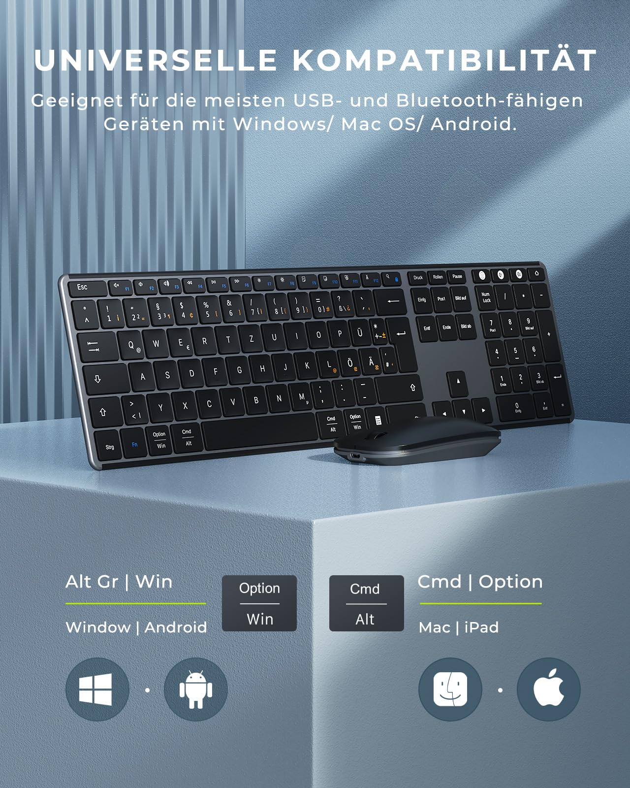 seenda SKM64-3 Clavier Bluetooth avec souris, clavier sans fil pour Windows/Mac/iPad/Android, souris sans fil ultra fine + silencieuse, connexion à 3 appareils, disposition QWERTZ (gris)