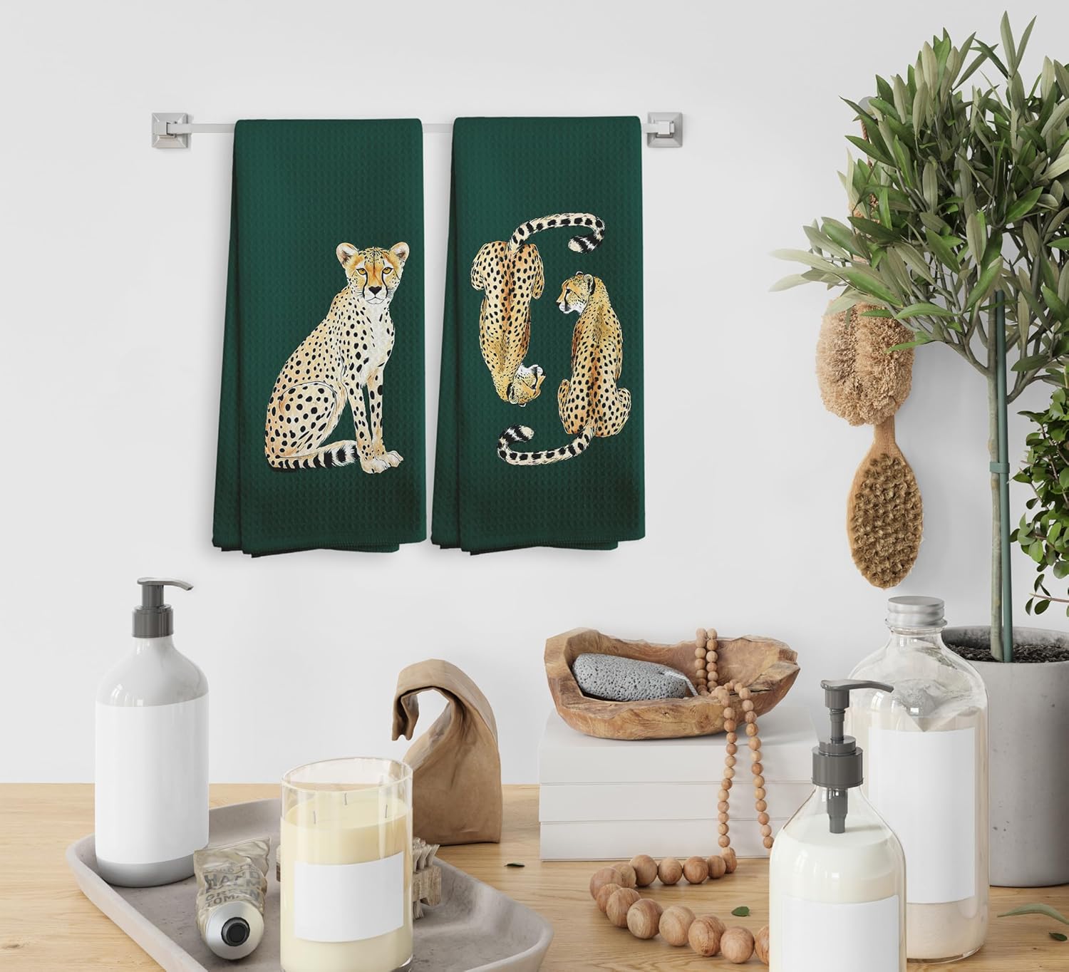Preppy Leopard Decor Kitchen Towels and Dishcloths Set of 2, Leopard Cheetah Gifts, Emerald Green Bathroom Decor, Trendy Vintage Cheetah Drying Cloth Hand Dish Towels for Bathroom, 16x24 Inch - Image 4