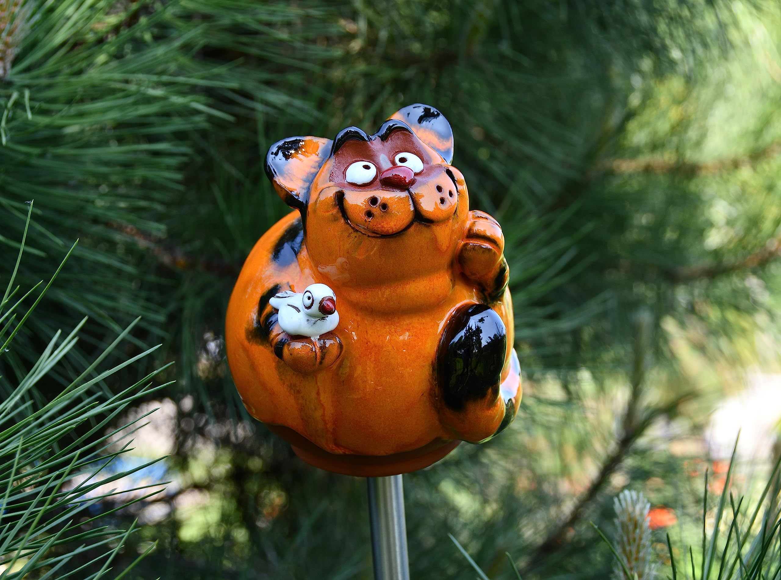 Gartenstecker Keramik Handgefertigt - Gartendeko für Draußen Wetterfest - Garten Deko Keramik - Gartenfiguren & Gartenstatuen - Katze