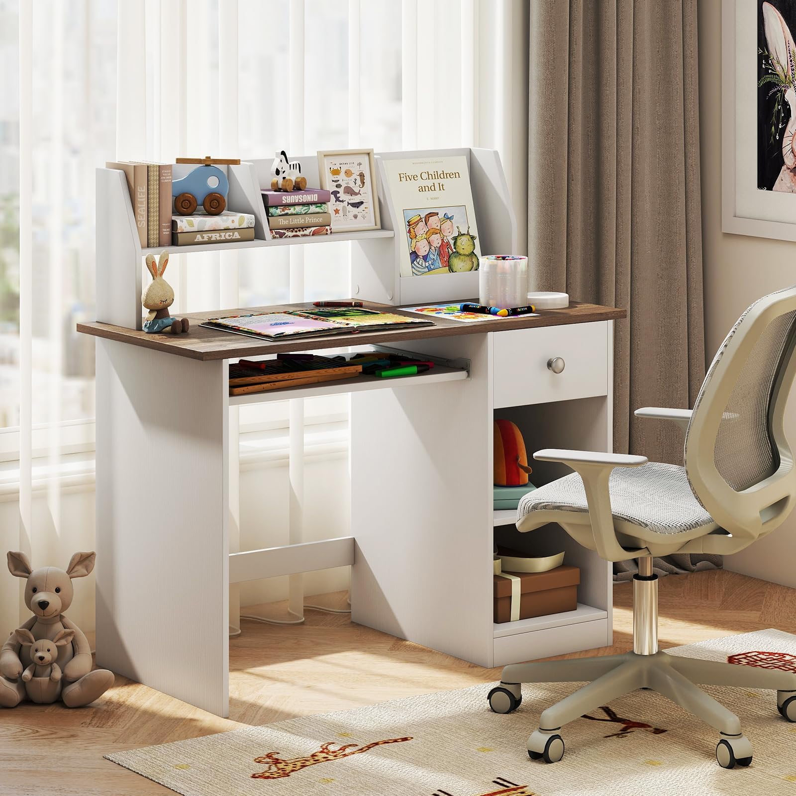 COSTWAY Kinderschreibtisch aus Holz, Kinder Schreibtisch mit Schublade, Tastaturablage & Bücherregal, Schülerschreibtisch für Kinder ab 3 Jahren, 90 x 45 x 90 cm (Natur)