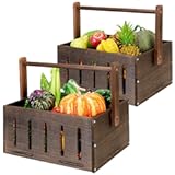 ELONG HOME Wooden Crates&comma; 2 Pack Rustic Wooden Crates Garden Basket for Storage&comma; Hollow Out Design Wood Crate Harvest Basket&comma; Versatile Garden Harvest Basket or Farmhouse Vintage Wood Crates Decor