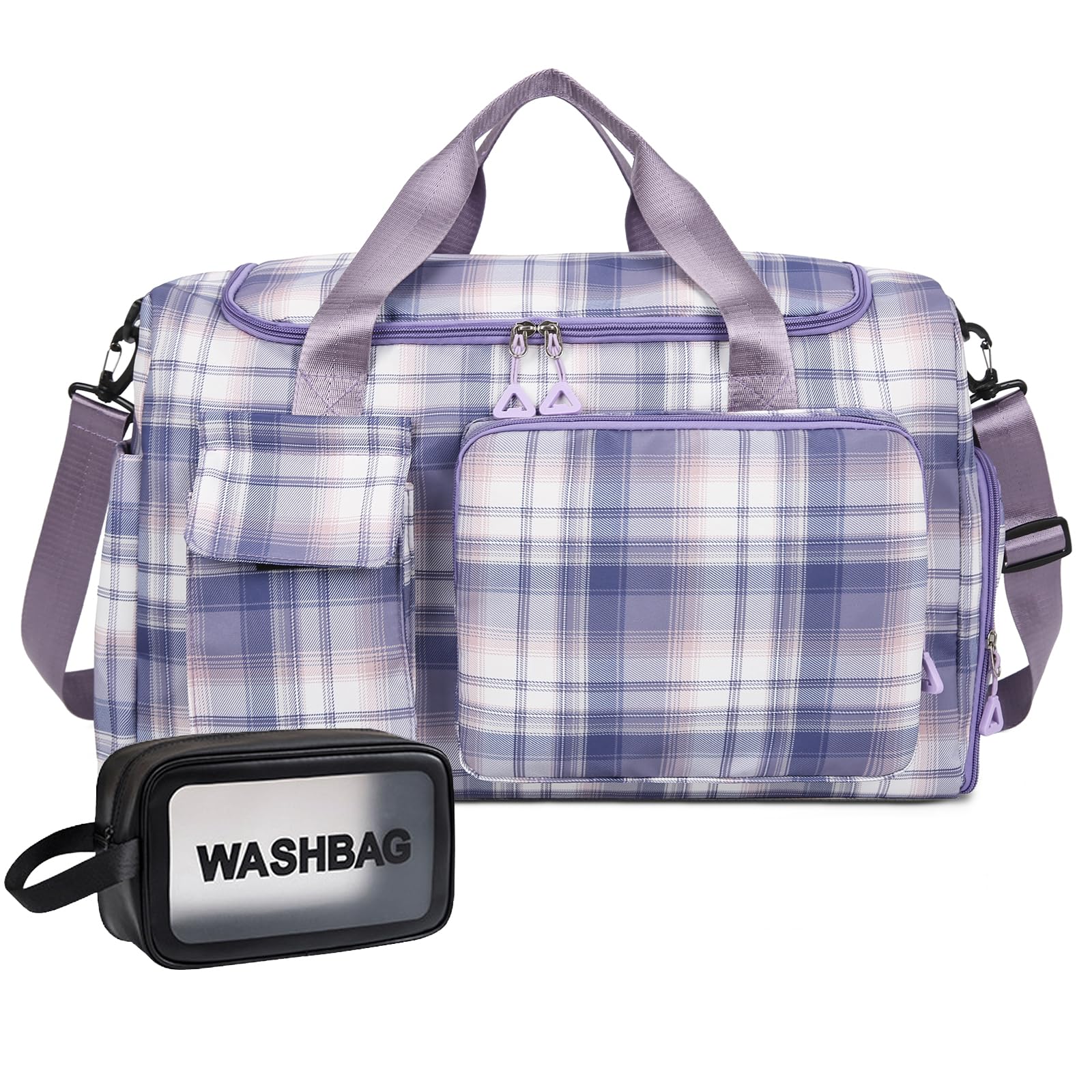Small Gym Bag for Women, Travel Duffle Bag Carry On Weekender Bag with Shoe Compartment, Plaid purpple, 11" x 19.6" x 8.2", Gym Bag&toiletry Bag