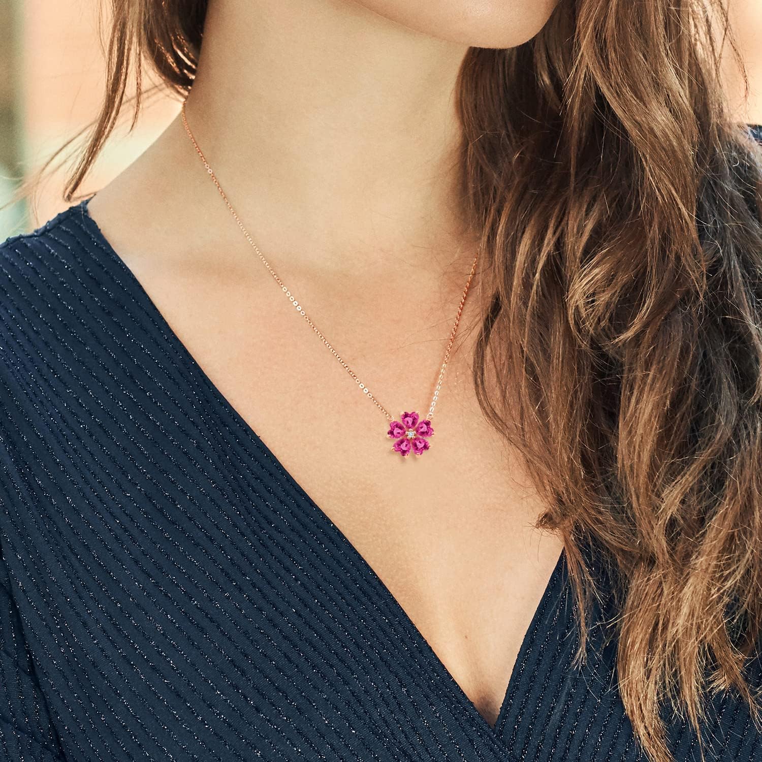 Gemstone Birthstone and Lab Grown Diamond Flower Pendant Necklace for Women | 925 Sterling Silver | Heart Shape 6MM Petals and Round 2MM Center | With 18 Inch Chain | Fine Jewelry for Her Mom Wife