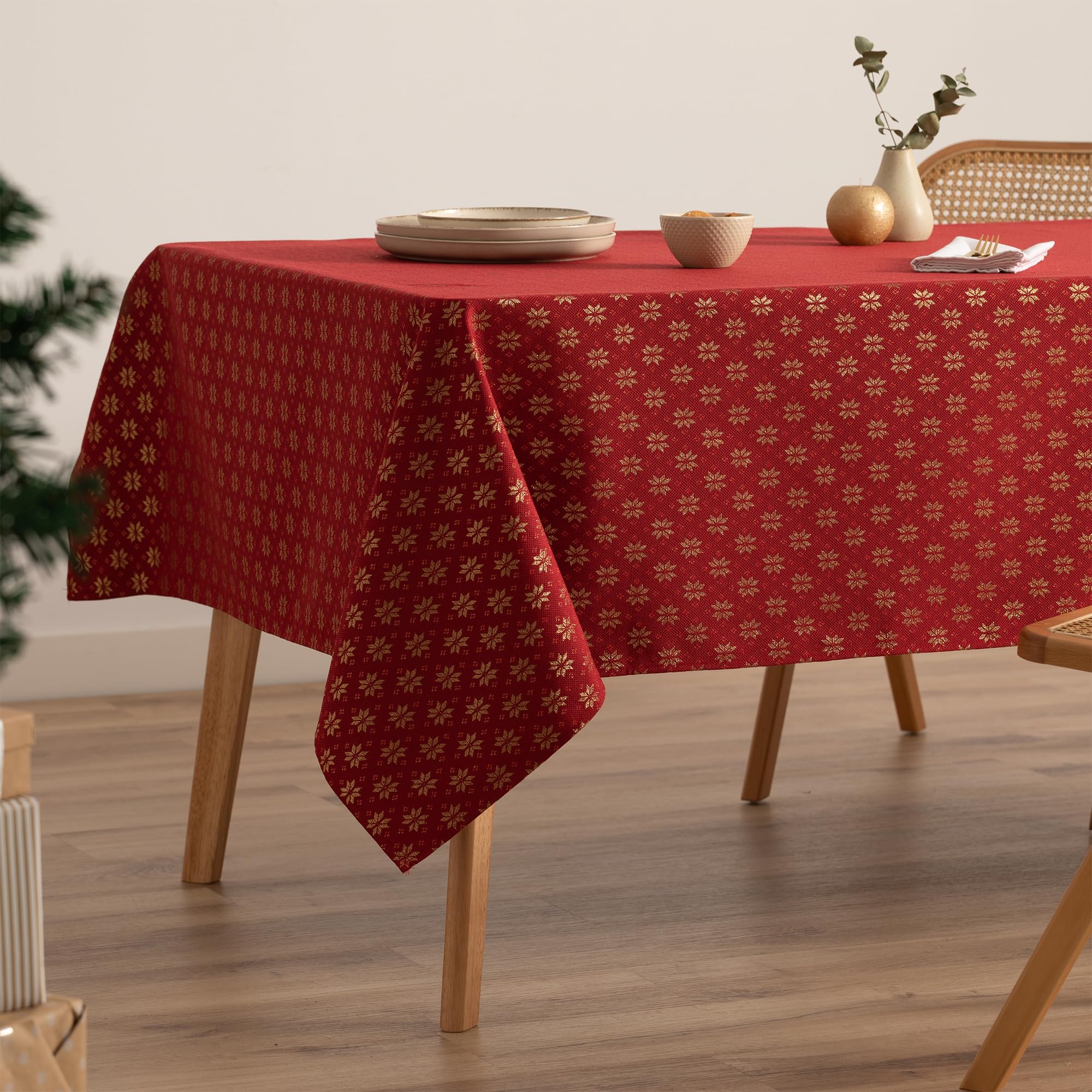 GAMUSI Mantel Navidad Jacquard Hilo Dorado Mesa Comedor Rectangular Decoración Navideña 140x100 cm Color Rojo