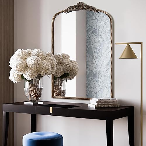 Miniatura 9 de Micasso Espejo de pared antiguo dorado espejo arqueado grande de 29 x 36 pulgadas, espejo decorativo barroco tradicional adornado para decoración