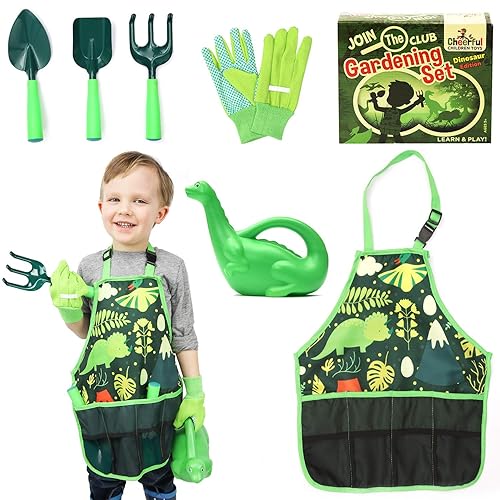 Cheerful Children Toys Kids Gardening Set – Gardening Tools for Kids with Watering Can, Shovels, Rake, Gloves & Apron – Planting Outdoor Activity for Boys & Girls Ages 3-7, Dinosaur Edition