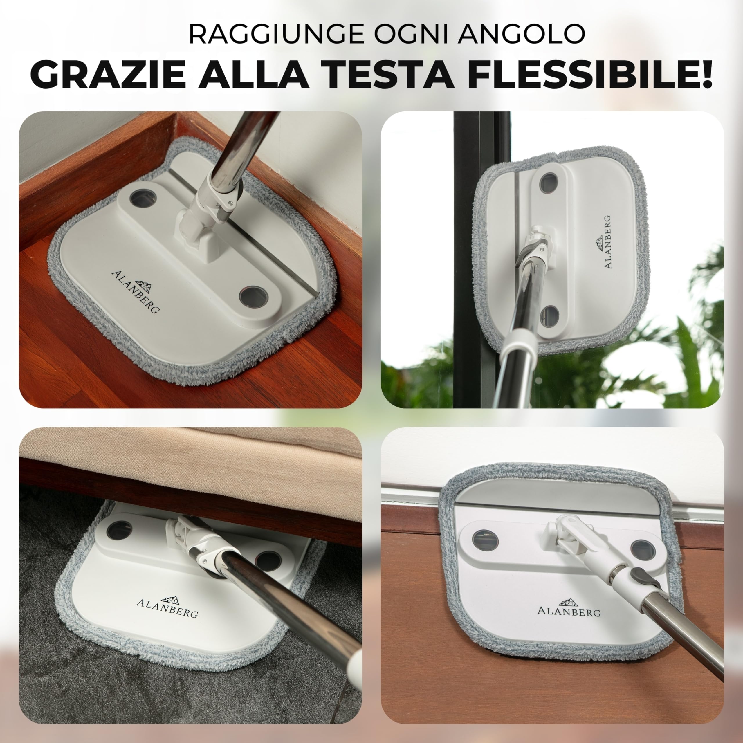 Set Lavapavimenti e Secchio per Pulizia – Gen 2 – 2 Scomparti, Secchio Rimovibile, Mocio Piatto Autoestrizzante 360°, Rullo Raccoglipeli, 2 Panni Riutilizzabili, Bianco – ALANBERG®
