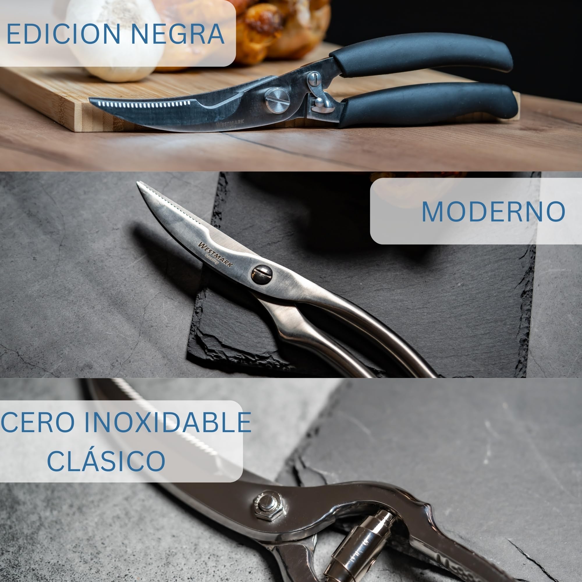 Westmark Set para aves de corral, 3 unidades, 1 Tijeras para aves de corral con mecanismo de resorte, 1 aguja + 1 cordel de cocina de 60 m, Acero inoxidable/poliéster, Classic, Plata/Blanco, 137122E6