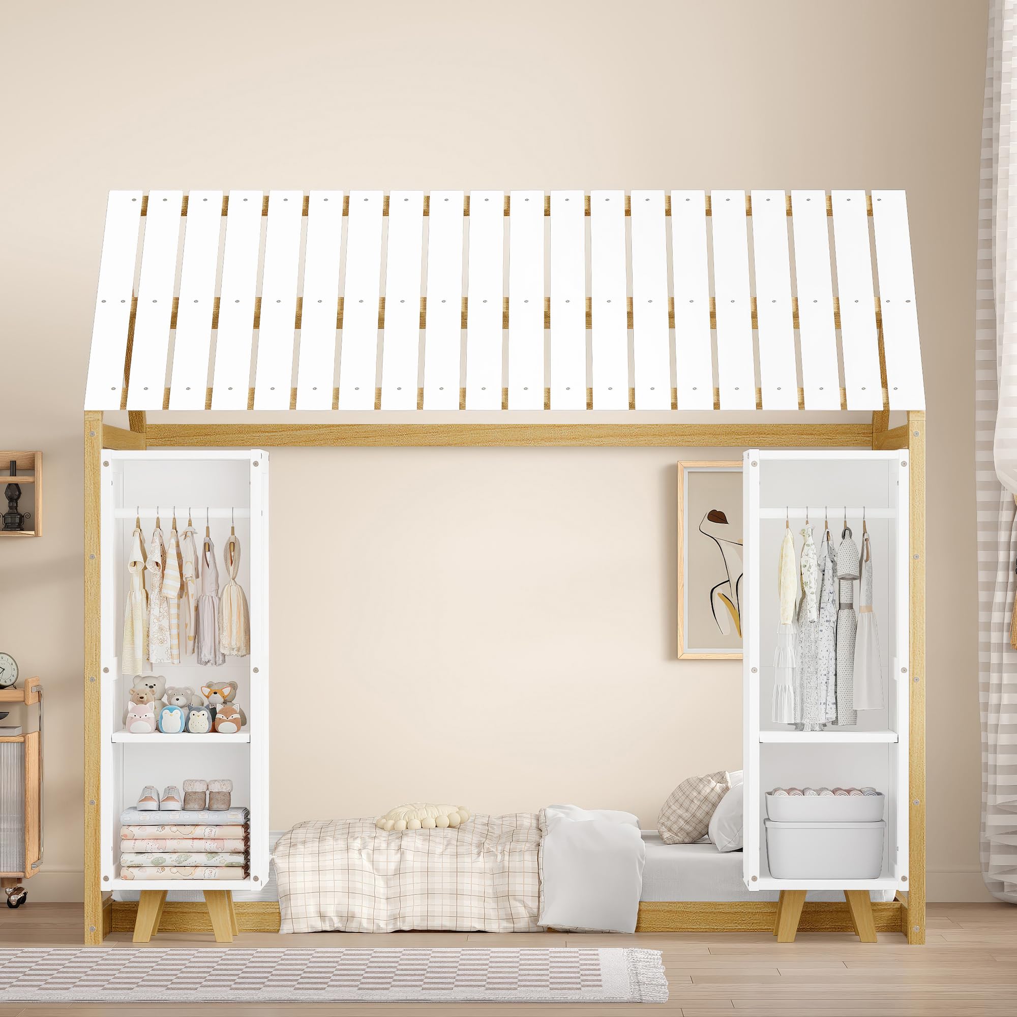 SOFTSEA Twin House Bed with Two Movable Wardrobes, Floor Bed Frame with Roof and Wood Slats, Wooden Platform Twin Bed Frame with Storage, Natural