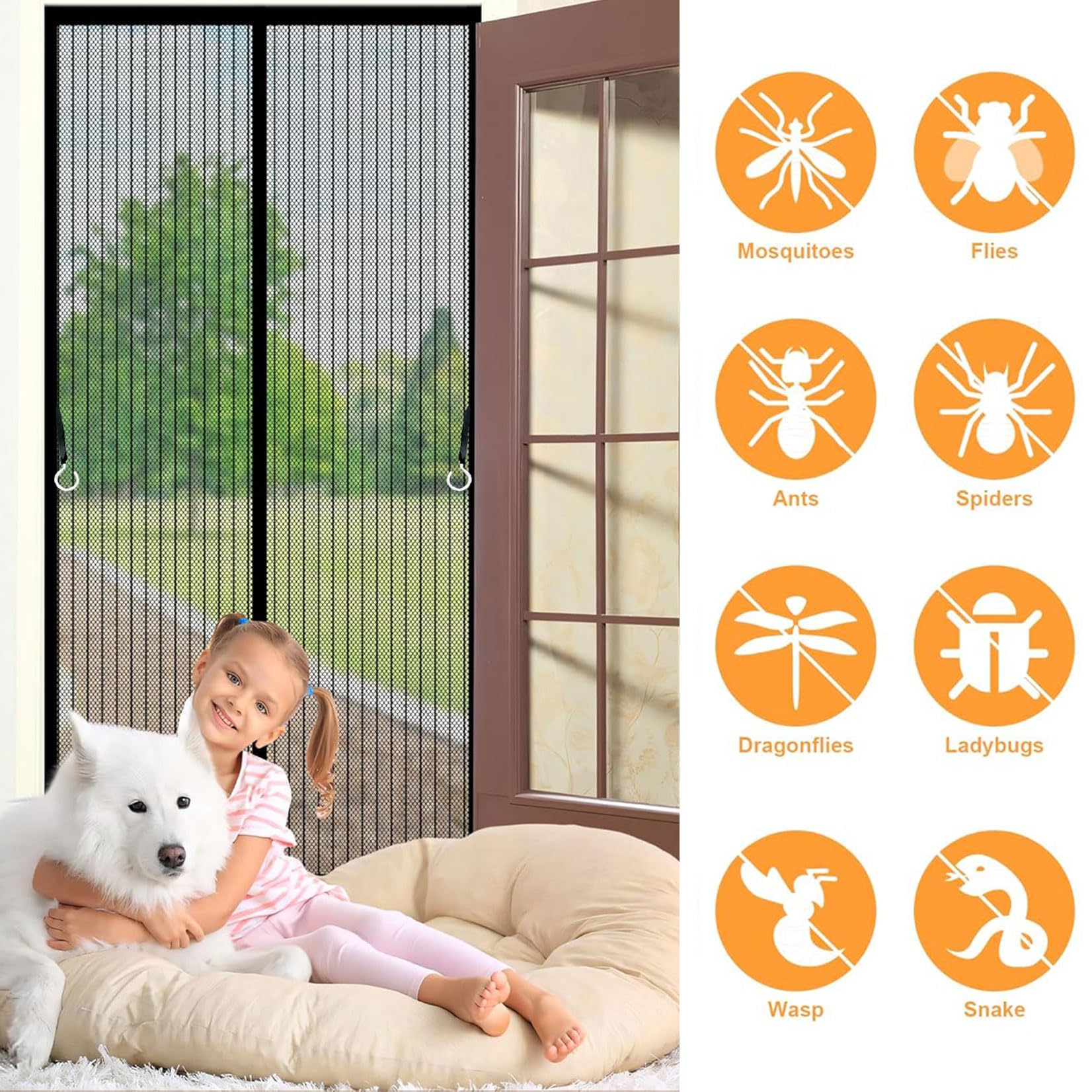 Magnet Fliegengitter 103 x 260 cm Magnet-Verschluss, Extra Starke Magnete Insektenschutz Fliegenvorhang Ohne Bohren mit Klettband für Wohnzimmer Schiebetür Terrassentür, Weiß