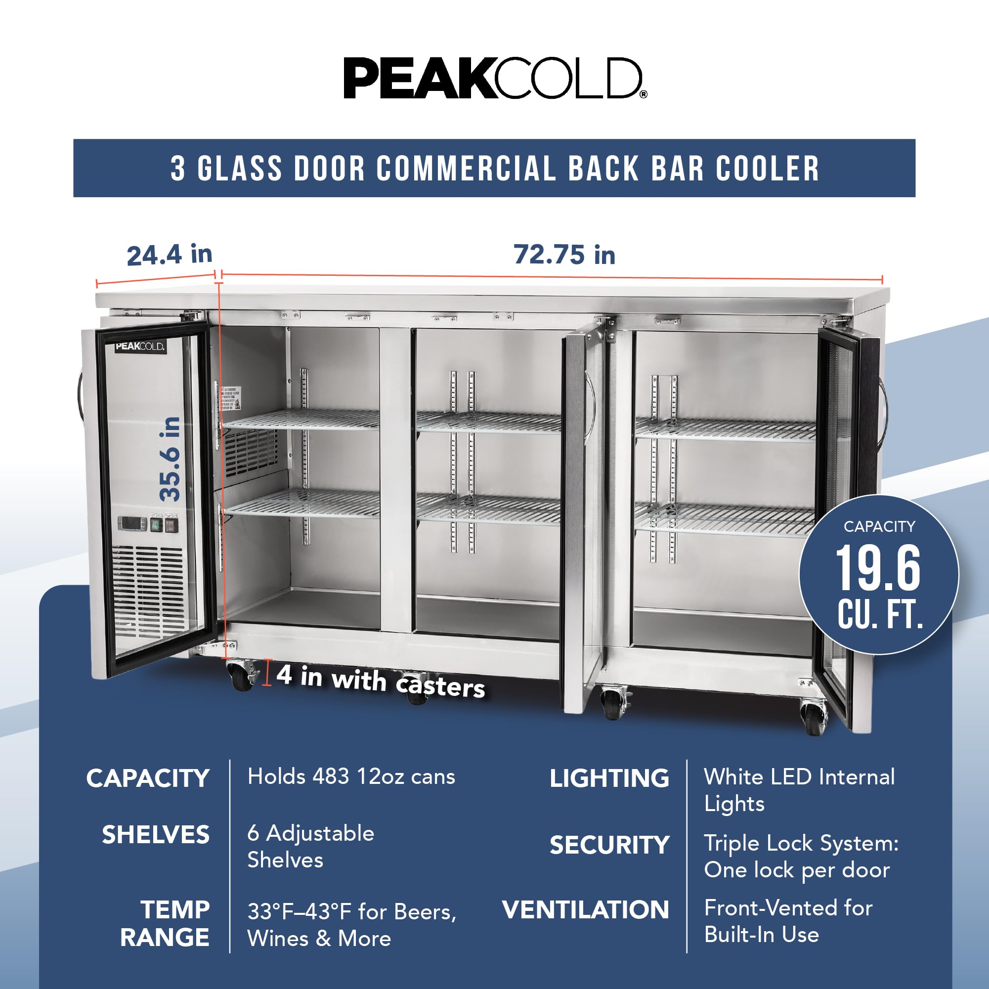 Peakcold 3-Door Counter Height Beverage Refrigerator - 73" Wide Energy Efficient Stainless Steel Beer Fridge With Glass Doors & White LED Lighting - Commercial Back Bar Cooler on Fridge.com - View 6