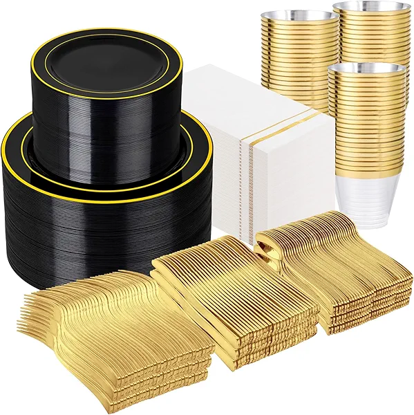 GATHER 700PCS Black Plastic Plates - Gold Disposable Plastic Dinnerware Set Include 200 6.3inch/9inch Black Plates, 300 Silverware, 100 Napkins, 100 Cups for Party & Wedding & Halloween