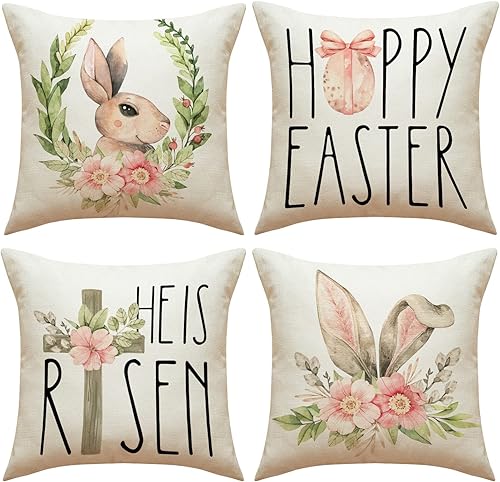 YMQIANYU Juego de 4 fundas de almohada decorativas de conejo de Pascua de 18 x 18 pulgadas fundas cuadradas para sofá para sala de estar dormitorio