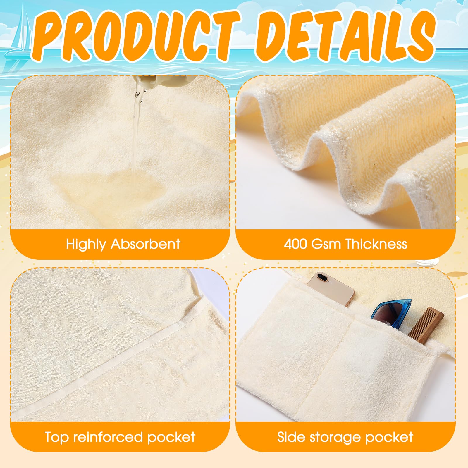 4 fundas para sillas de playa con bolsillos laterales, toallas suaves de microfibra de algodón para silla de piscina, toallas con bolsillos para tumbonas, tomar el sol, vacaciones, hotel al aire 3