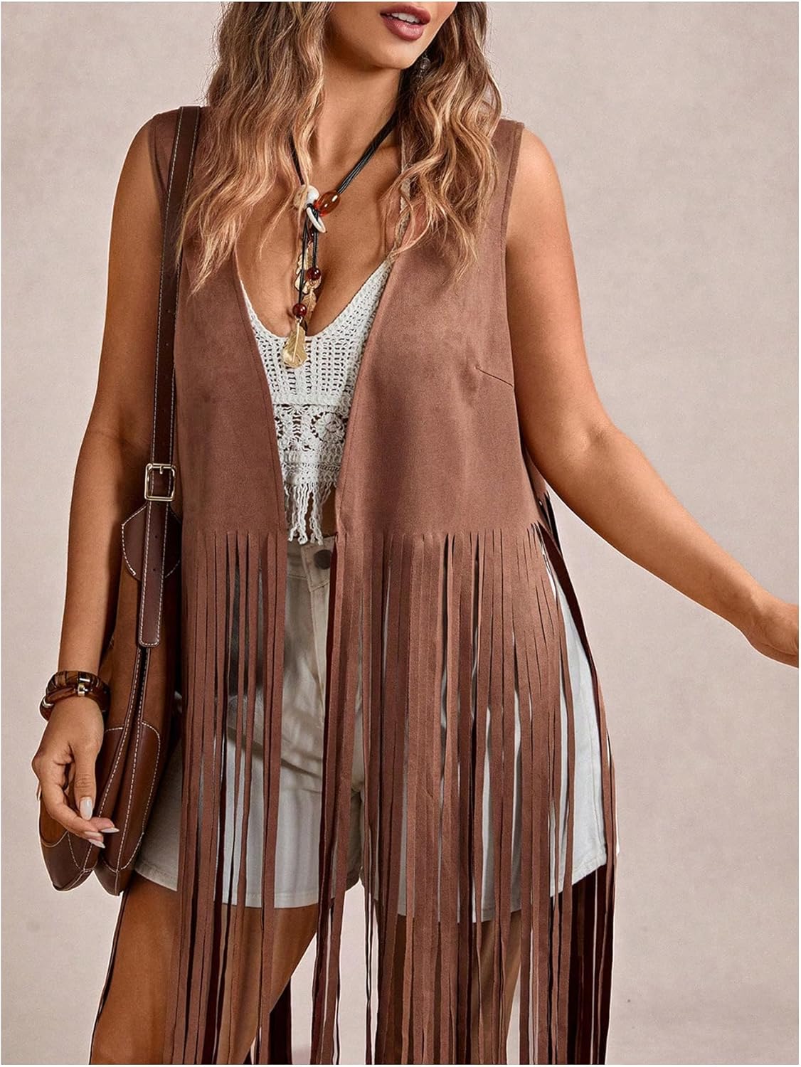 Women's Plus Size Western Fringe Vest Hippie Boho Tassel Suede Cowgirl Sleeveless Jackets 70s Outfits - Image 3