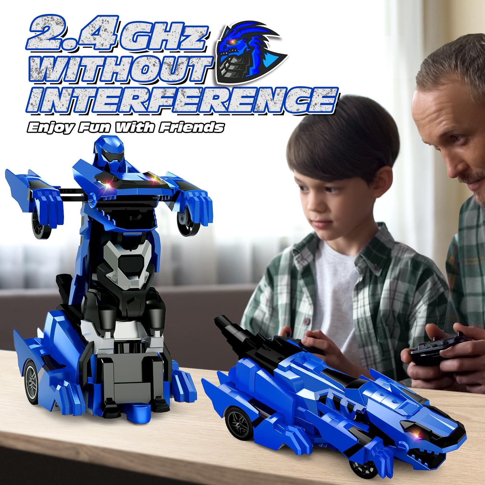 Tecnock 2025 Rechargeable Dinosaur Remote Control Car 2.4GHz One Button Transformation 360 °Rotation Robot Car Toy with LED Lights Toy Gift for Age 4-12 Boys/Girls Blue - Image 3