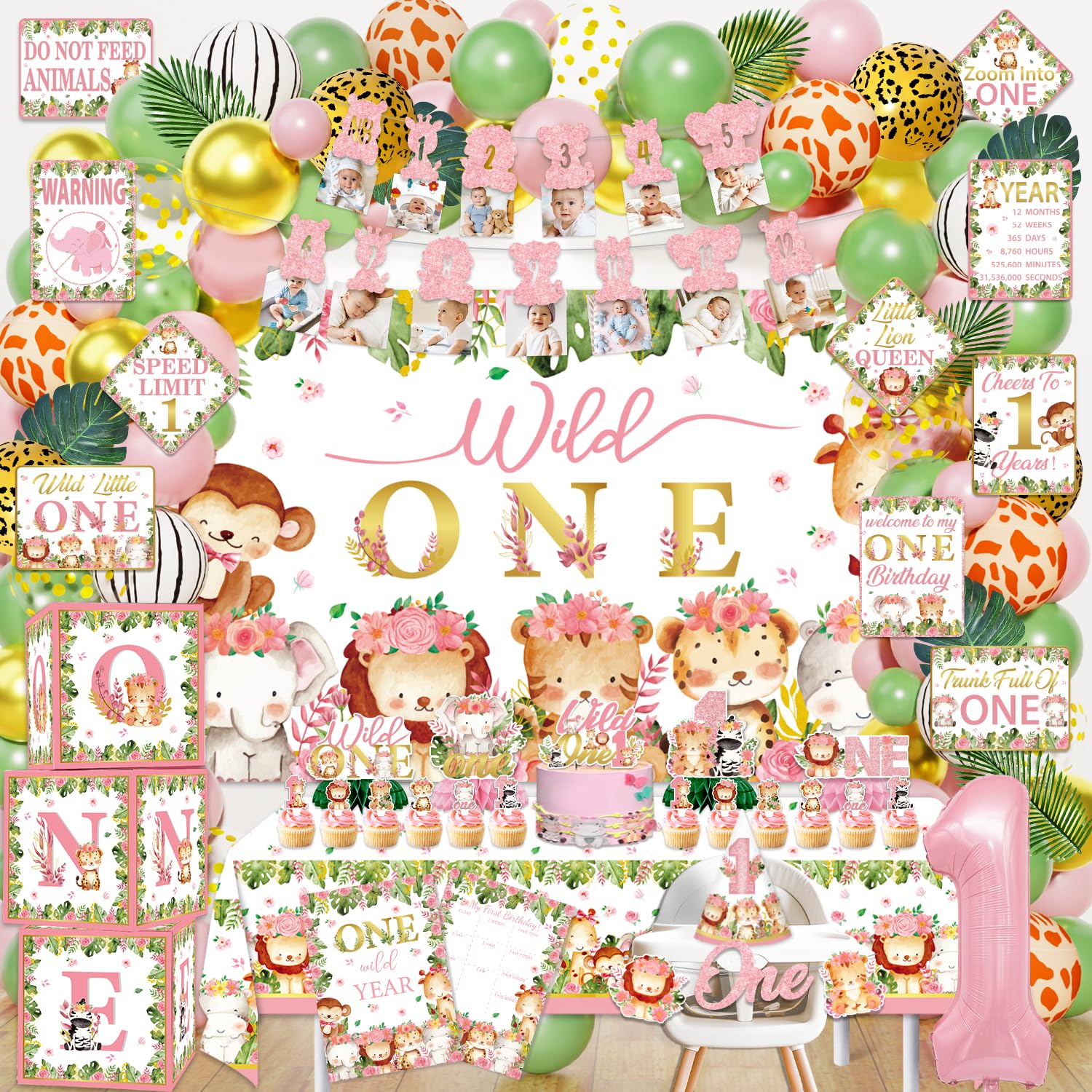 Mpanwen Wild One Birthday Decorations Girls, 132 Pcs Pink First Safari Jungle Theme Party Supplies for Girl Baby - Backdrop, Tablecloth, Palm Leaves, Centerpieces, Crown, Poster, Wall Signs, Blocks