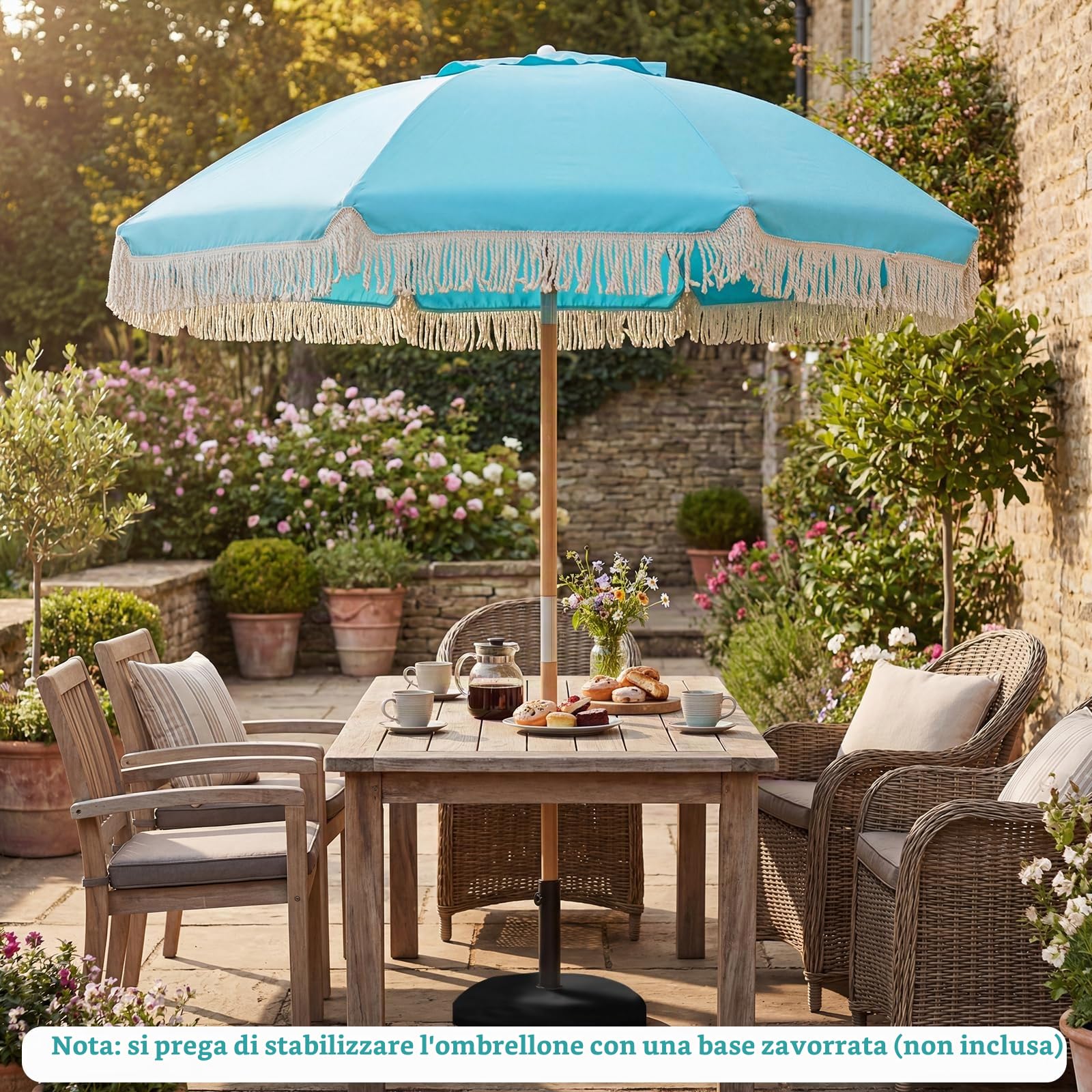 FANTASK Ombrellone 170 cm, ombrellone da spiaggia boho con frange, pieghevole su entrambi i lati di 30°, in legno, terrazzo, per giardino, balcone, terrazza (blu)