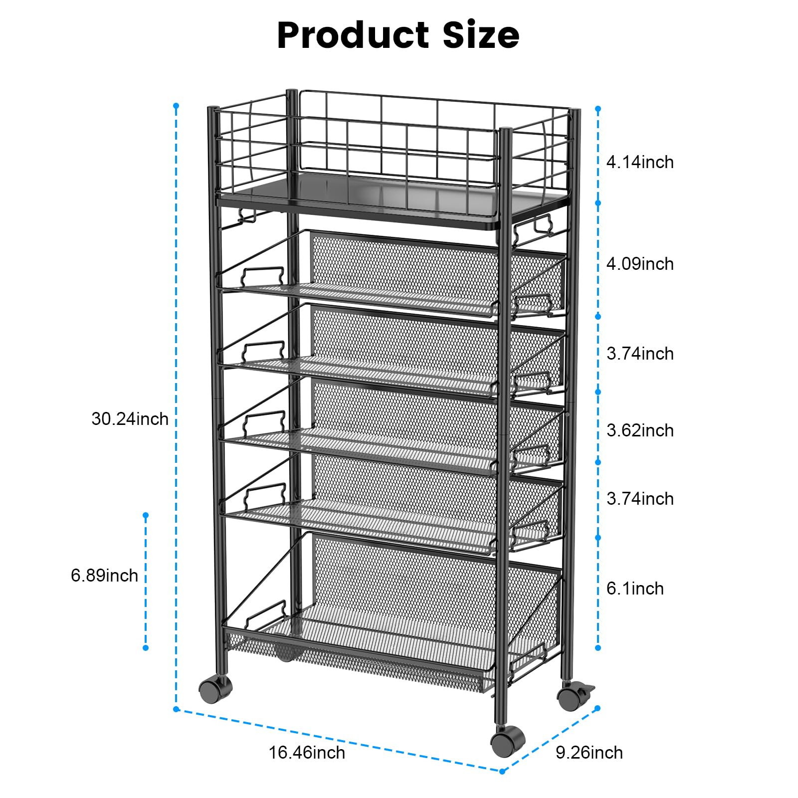 Chariot de Rangement à roulettes pour Livre et Magazines, Mobile 6 Miveaux Métallique Stockage Cart Gain de Place pour Bureau étude Bibliothèque école (Noir)