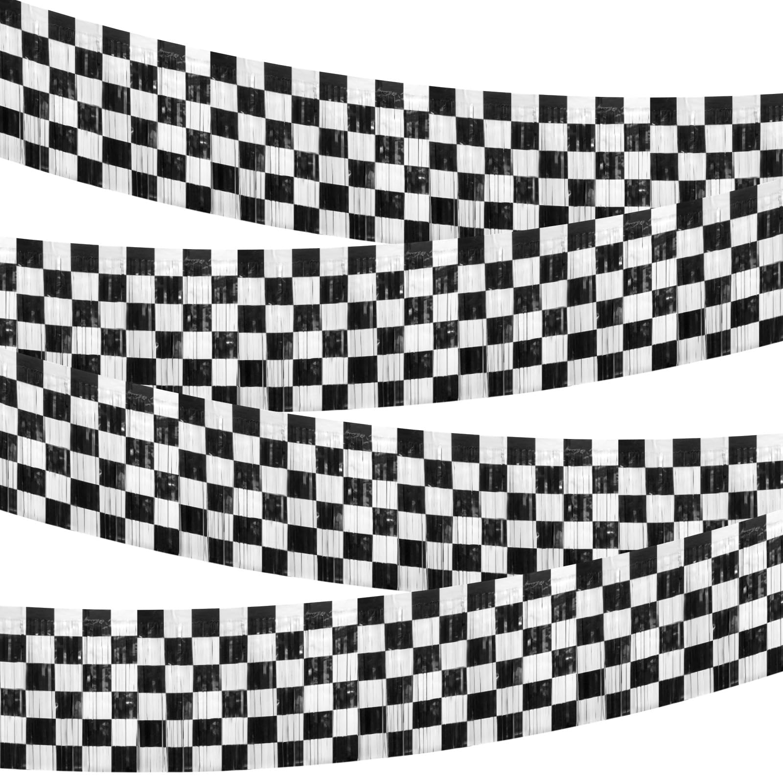 4 Pack Race Car Foil Fringe Garland Black White Checkered Party Decorations 118 x 11.8 In Metallic Tinsel Streamers Backdrop Foil Curtains Banner for Parade Floats Racing Car Theme Birthday Party