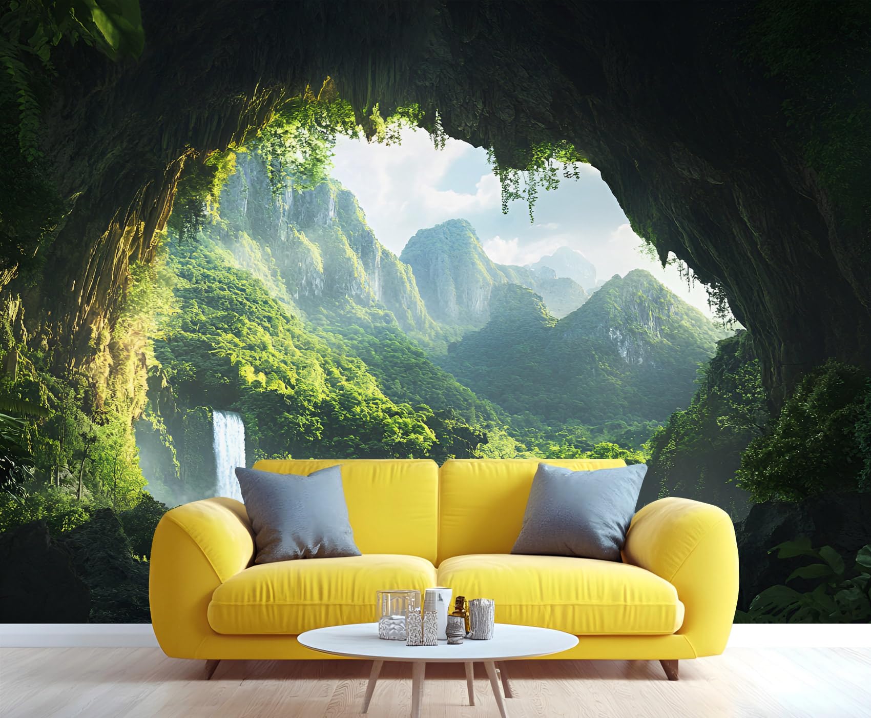 Green Forest Photo Wallpaper 390x260cm Waterfall Mural Natural Scenery Large Wallpaper for Living Room Nature Landscape Wall Decor (Not Peel n' Stick)