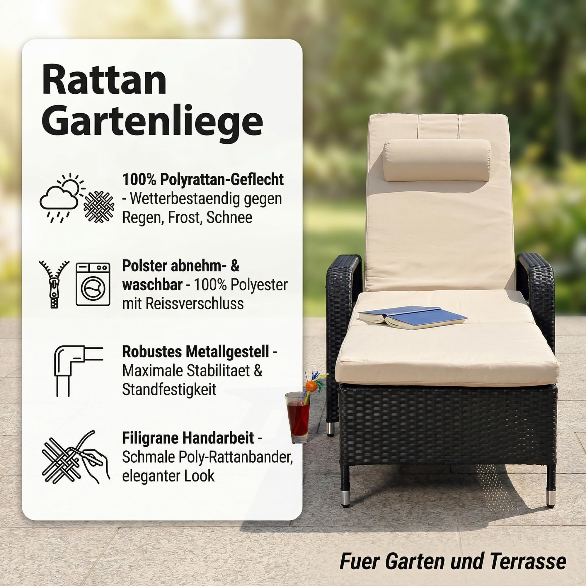 Mucola Sonnenliege mit Rollen Polyrattan – wetterfeste Rattanliege mit Verstellbarer Rückenlehne, Rollliege für Garten, Balkon & Terrasse – pflegeleicht, UV-beständig, mehrfach verstellbar